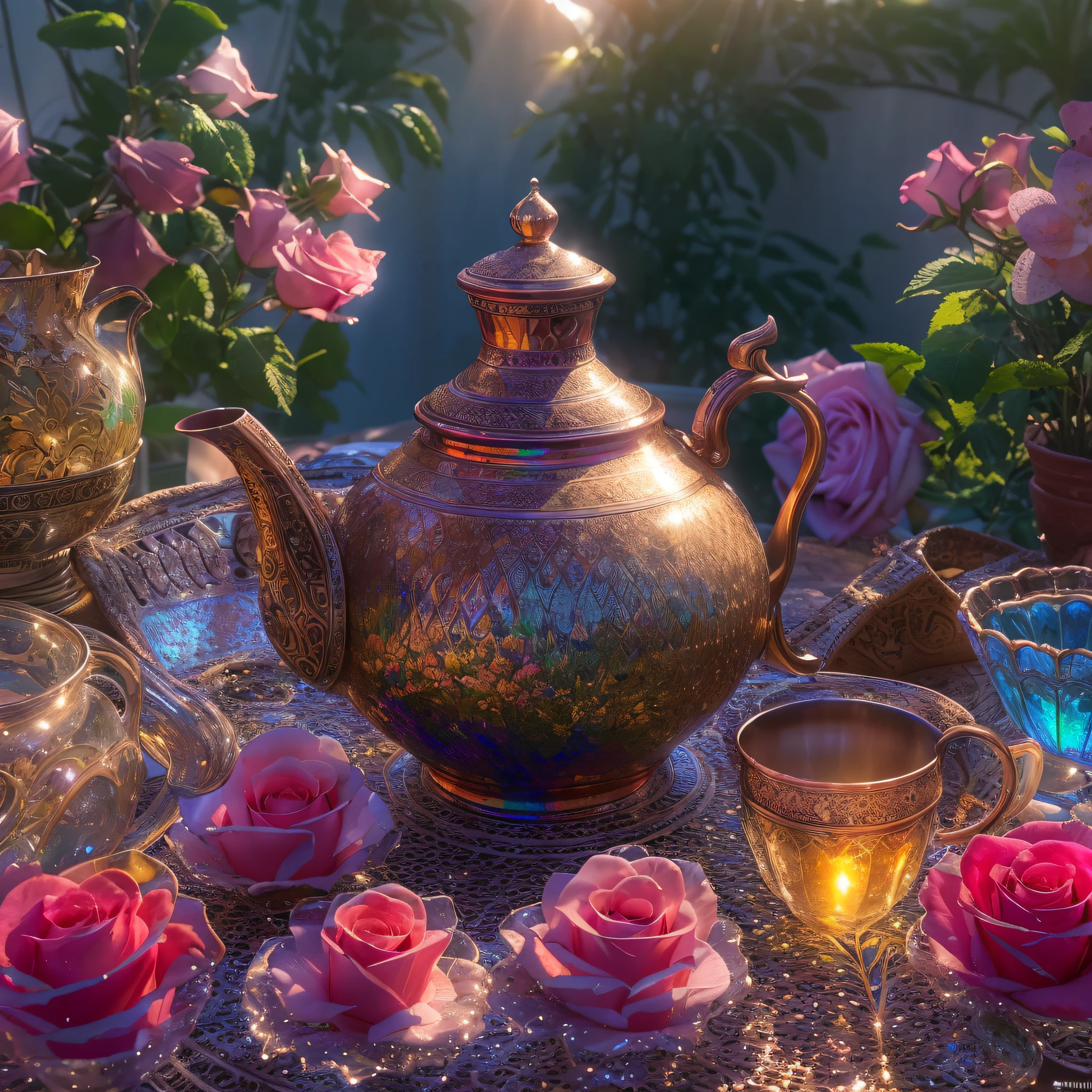 crystalized moroccan tea pot, many mint leaves, roses, Moroccan glasses, hot tea, steam, sunrays, masterpiece, best quality, ultra high res, RAW, ((Riad)), ((riad rooftop)), Marrakech, opalescent, moroccan lamps, (Photoluminescence water), gems, ((blooming flowers)), clear, Cinematic RAW photo, hyper real photo, ultrarealistic, 8k uhd, dslr, soft lighting, high quality, film grain, Fujifilm XT3, photographed on a Kodak Retina II Sanyo Xacti VPC-CA6, 50mm lens, Wide Angle, HDR, hyper-realistic, colorgraded, volumetric lighting, [volumetric fog, moist], shallow depth of field, reflections, photo, (sparkling), glistening, (iridescent), glimmering, clear, shimmering, mystical, enchanting, glittering, Morocco, exotic, (masterpiece) (best quality) (detailed) (8k) (HDR) (wallpaper) (cinematic lighting) (sharp focus) (intricate), romantic