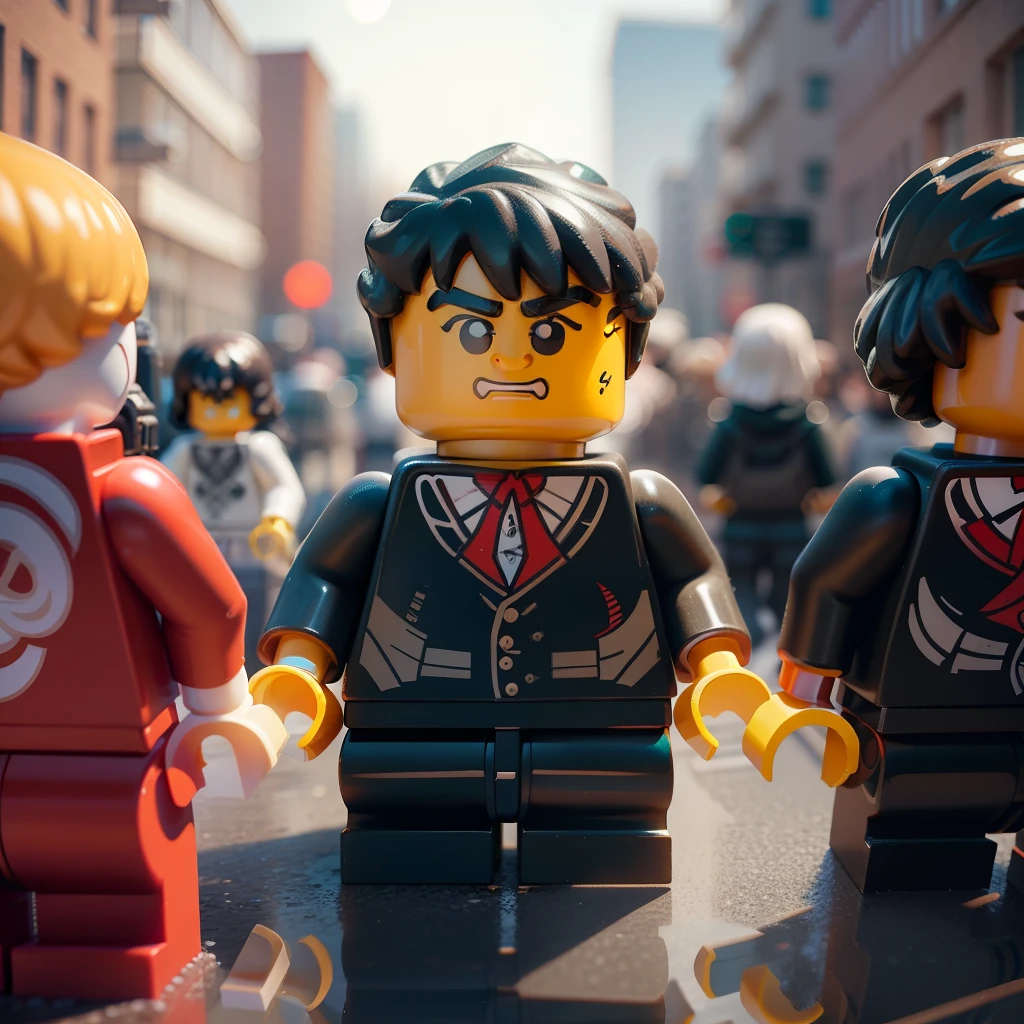 Lego figures,Stand in the heart of the city and community,facial closeups,Mirror-like reflection,depth of fields,独奏,Wide viewing angle,high-definition quality