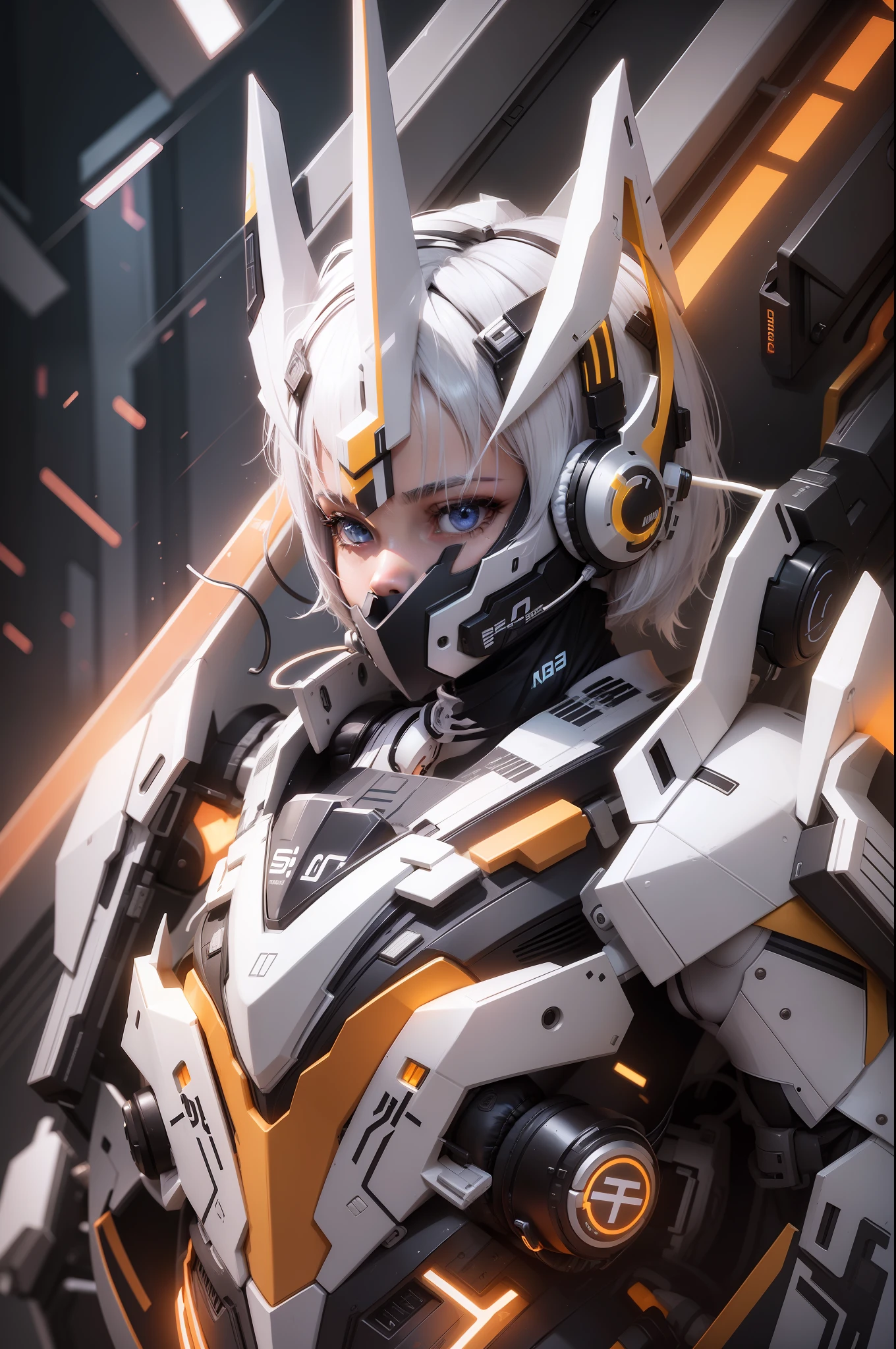Girl, 3d, neon, slim body, short hair, white hair, headphone, clear skin