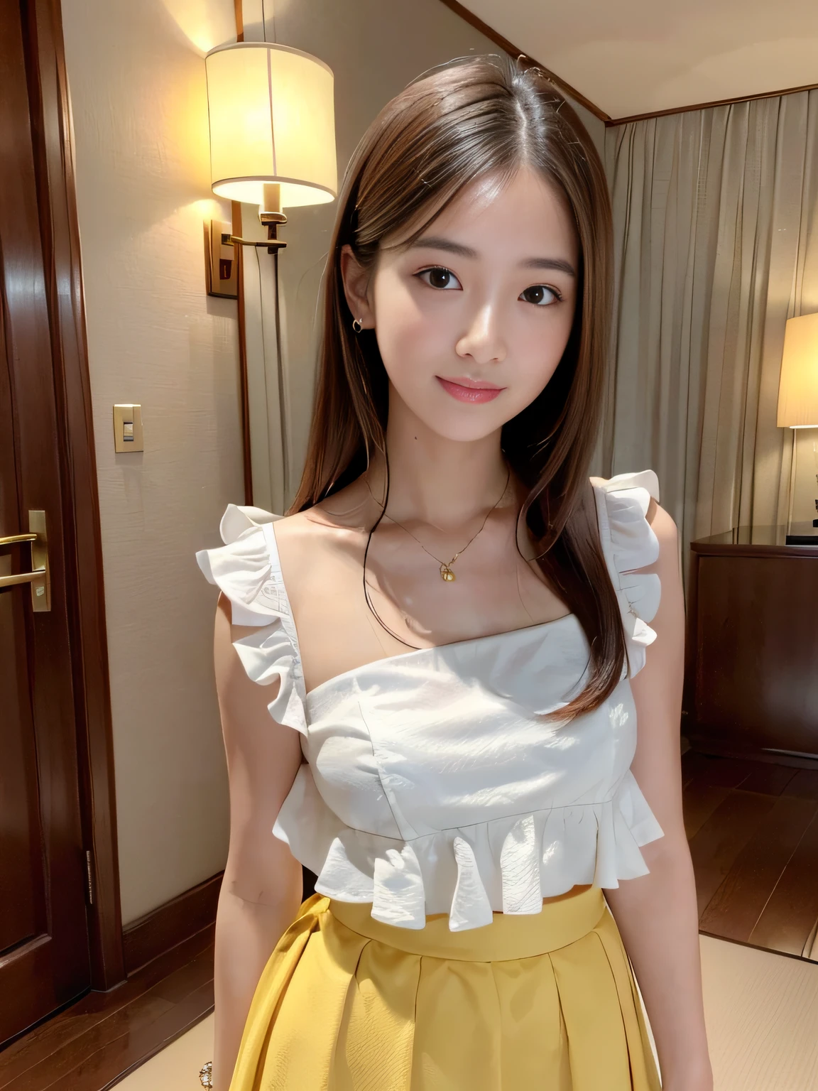 8K、Raw photography、(masuter piece:1.2)、(Photorealsitic:1.2)、(best qualtiy)、((Sleeveless with white frills))、((Adult woman in floral skirt))、((japanes、25-years old))、Light brown hair in one woman、((full body Esbian))、make - up、Smart body、A smile、Poses variadas、hyperdetailed face、A detailed eye、((No close-ups))、(A room in a luxury hotel、natta、)