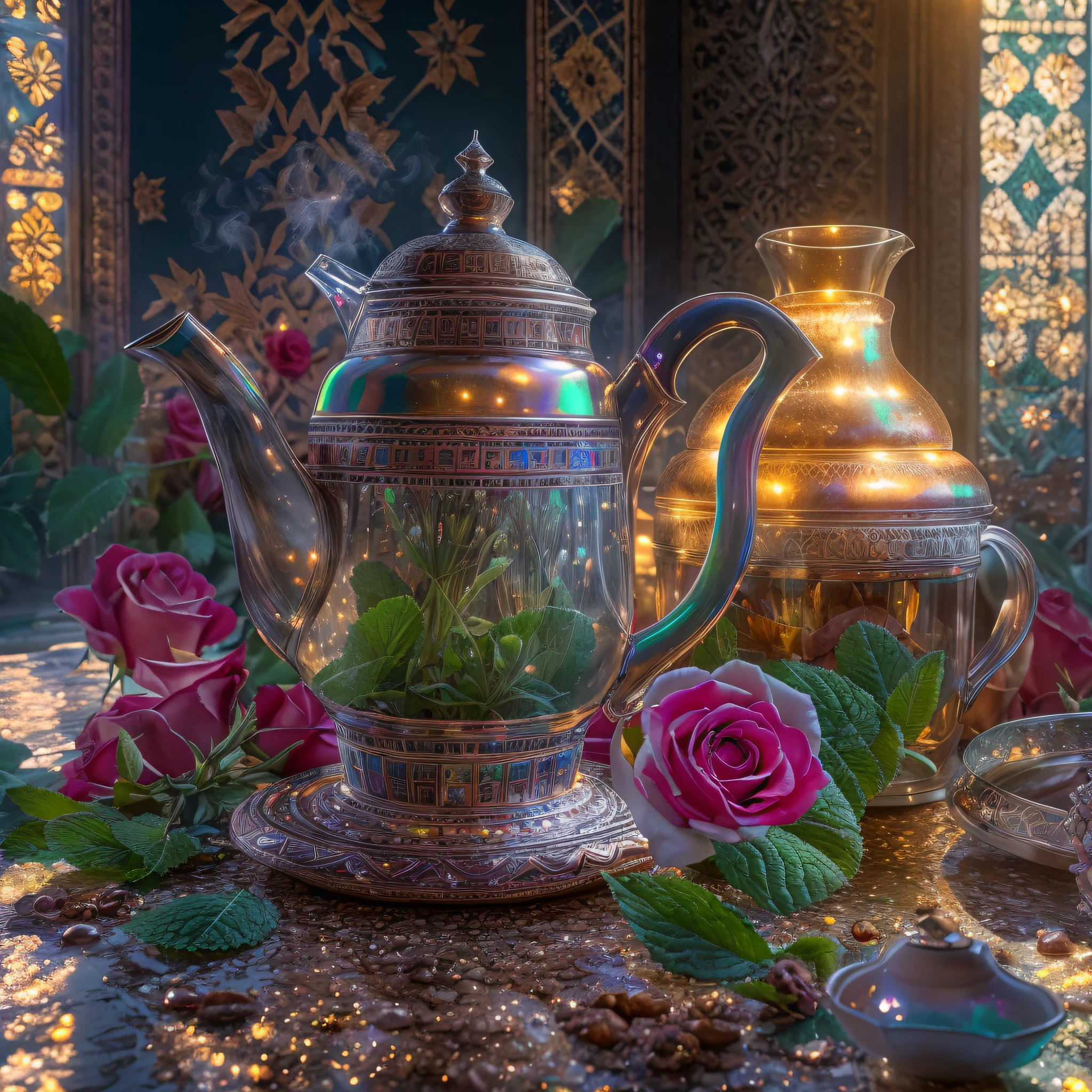 crystalized moroccan tea pot, many mint leaves, roses, Moroccan glasses, hot tea, steam, sunrays, masterpiece, best quality, ultra high res, RAW, ((Riad)), ((riad rooftop)), Marrakech, opalescent, moroccan lamps, (Photoluminescence water), gems, ((blooming flowers)), clear, Cinematic RAW photo, hyper real photo, ultrarealistic, 8k uhd, dslr, soft lighting, high quality, film grain, Fujifilm XT3, photographed on a Kodak Retina II Sanyo Xacti VPC-CA6, 50mm lens, Wide Angle, HDR, hyper-realistic, colorgraded, volumetric lighting, [volumetric fog, moist], shallow depth of field, reflections, photo, (sparkling), glistening, (iridescent), glimmering, clear, shimmering, mystical, enchanting, glittering, Morocco, exotic, (masterpiece) (best quality) (detailed) (8k) (HDR) (wallpaper) (cinematic lighting) (sharp focus) (intricate), romantic