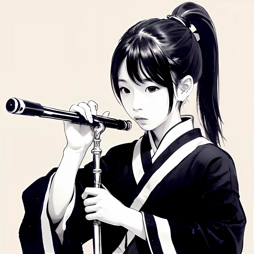 Chinese ink style,High ponytail boy playing the flute,Looking at Chang'an