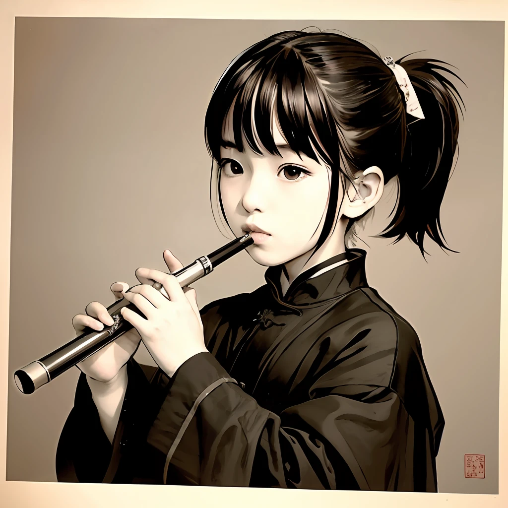 Chinese ink style，High ponytail boy playing the flute，Looking at Chang'an