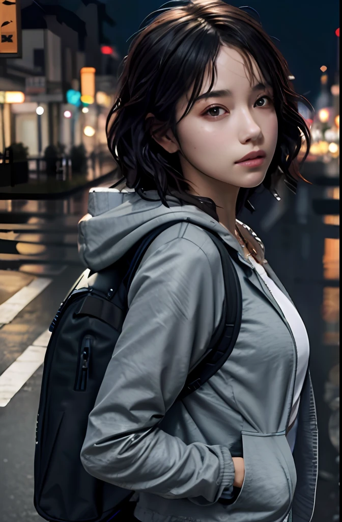 1girl, jacket, rain, outdoor, hoodie, open jacket, chain, backpack, looking at another, messy hair, trending on artstation, 8k resolution, highly detailed, anatomically correct, sharp image, digital painting, concept art, trending on pixiv, style of makoto shinkai,