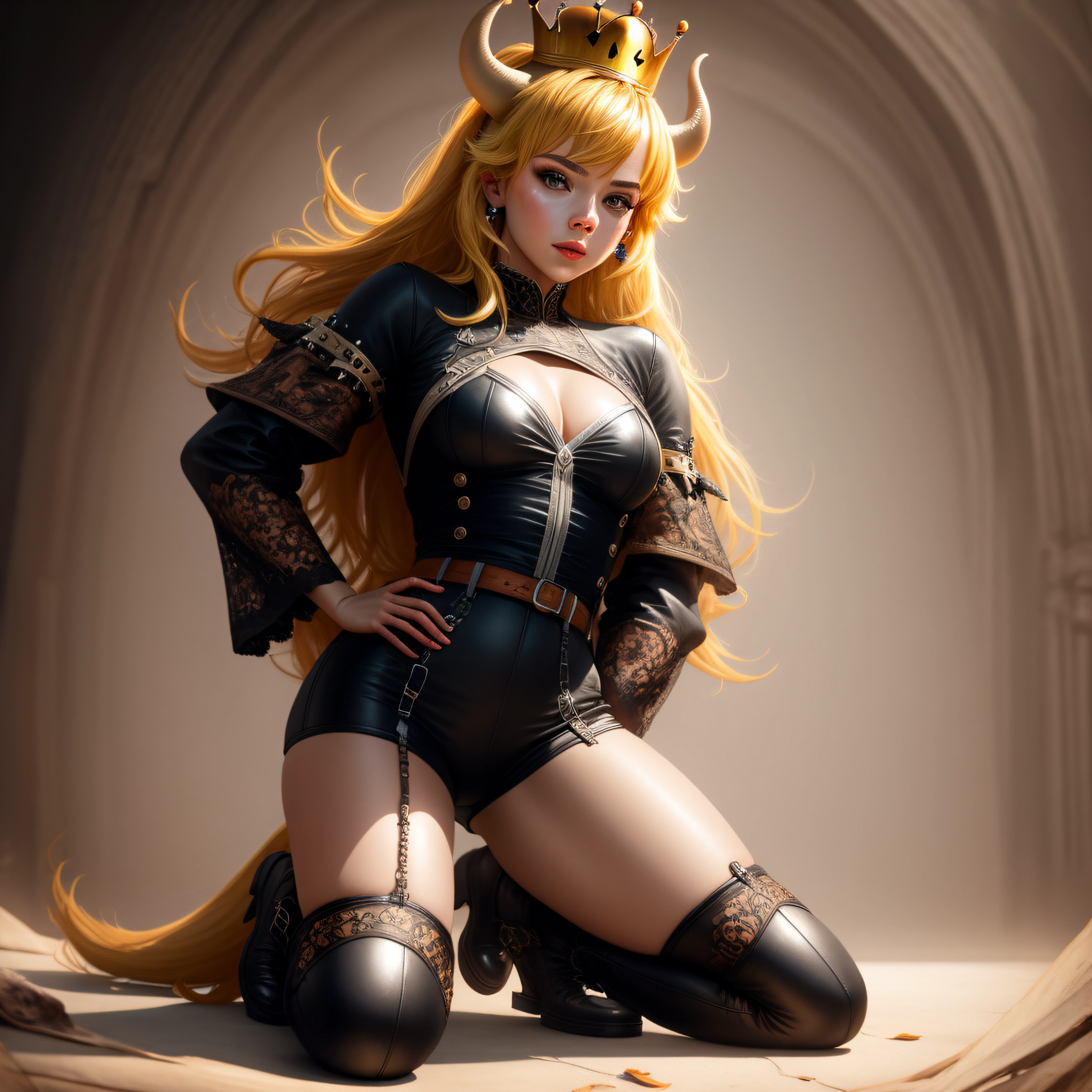 cowboy shot, Bowsette fan art, full body shot, kneeling down, full body portrait, no background, thighs, crown, black shoes, tail, hands behind body, facing forward, 1 solo female, masterpiece, film grain, (lens distortion:0.7), (chromatic aberration:0.7), intricate, unreal engine 5, realistic, realistic lighting, cinematic, 8k, (depth of field:0.7), masterpiece, perfect, hyper-detailed, photorealistic, ultra realistic, realistic light, hard lighting, intricate details, stop motion, hyperfocus, tonemapping, sharp focus, hyper detailed, trending on Artstation