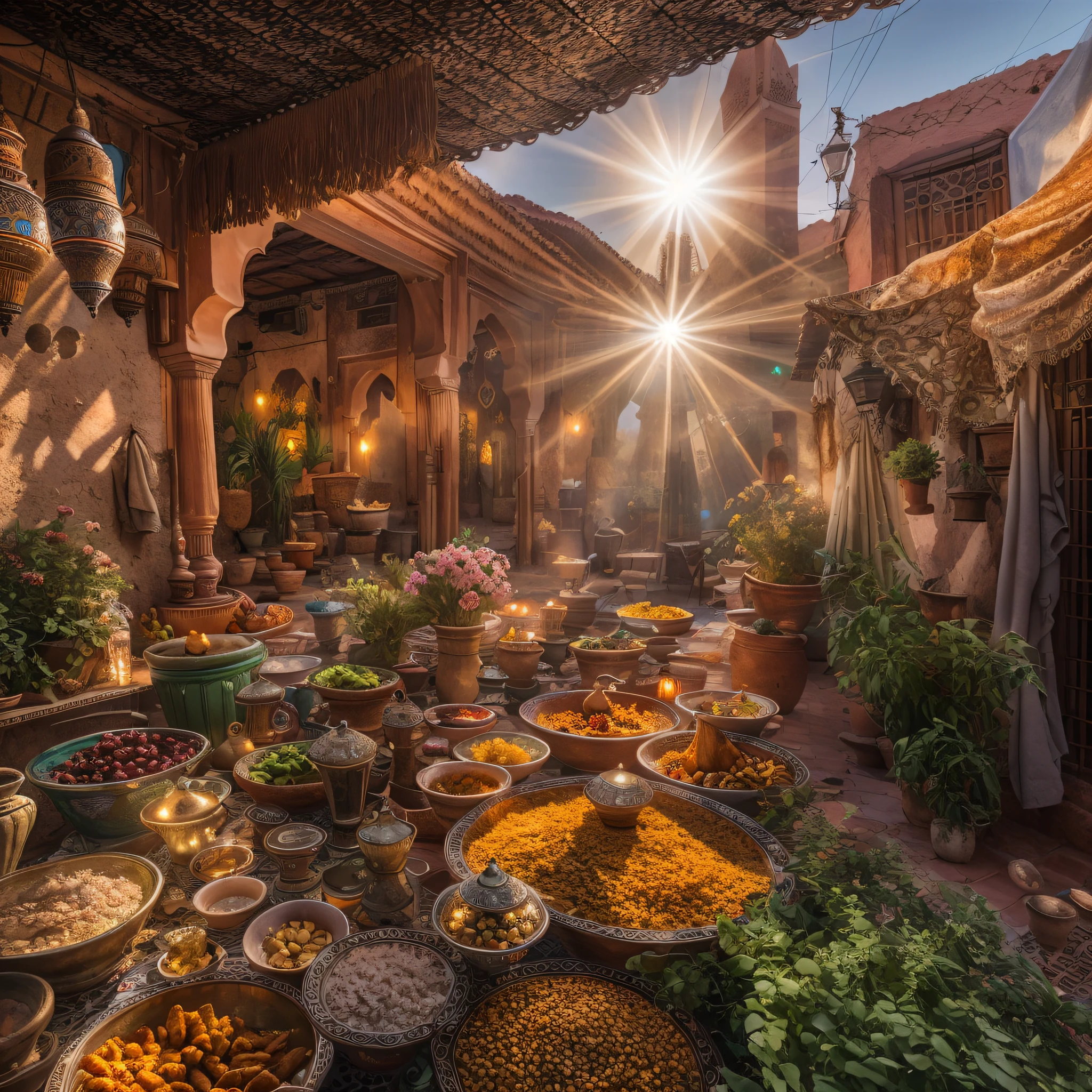 Moroccan medina, Jemaa el fna, sunrays, sunny day, tagine meal on rooftop, Moroccan tea and mint, masterpiece, best quality, ultra high res, RAW, Riad, Marrakech, Marrakesh, (Photoluminescence), blooming flowers, clear, Cinematic RAW photo, hyper real photo, ultrarealistic, 8k uhd, dslr, soft lighting, high quality, film grain, Fujifilm XT3, photographed on a Kodak Retina II Sanyo Xacti VPC-CA6, 50mm lens, Wide Angle, HDR, hyper-realistic, colorgraded, volumetric lighting, [volumetric fog, moist], shallow depth of field, reflections, photo, (sparkling), glistening, (iridescent), glimmering, shimmering, mystical, enchanting, glittering, Morocco, exotic, (masterpiece) (best quality) (detailed) (8k) (HDR) (wallpaper) (cinematic lighting) (sharp focus) (intricate), romantic