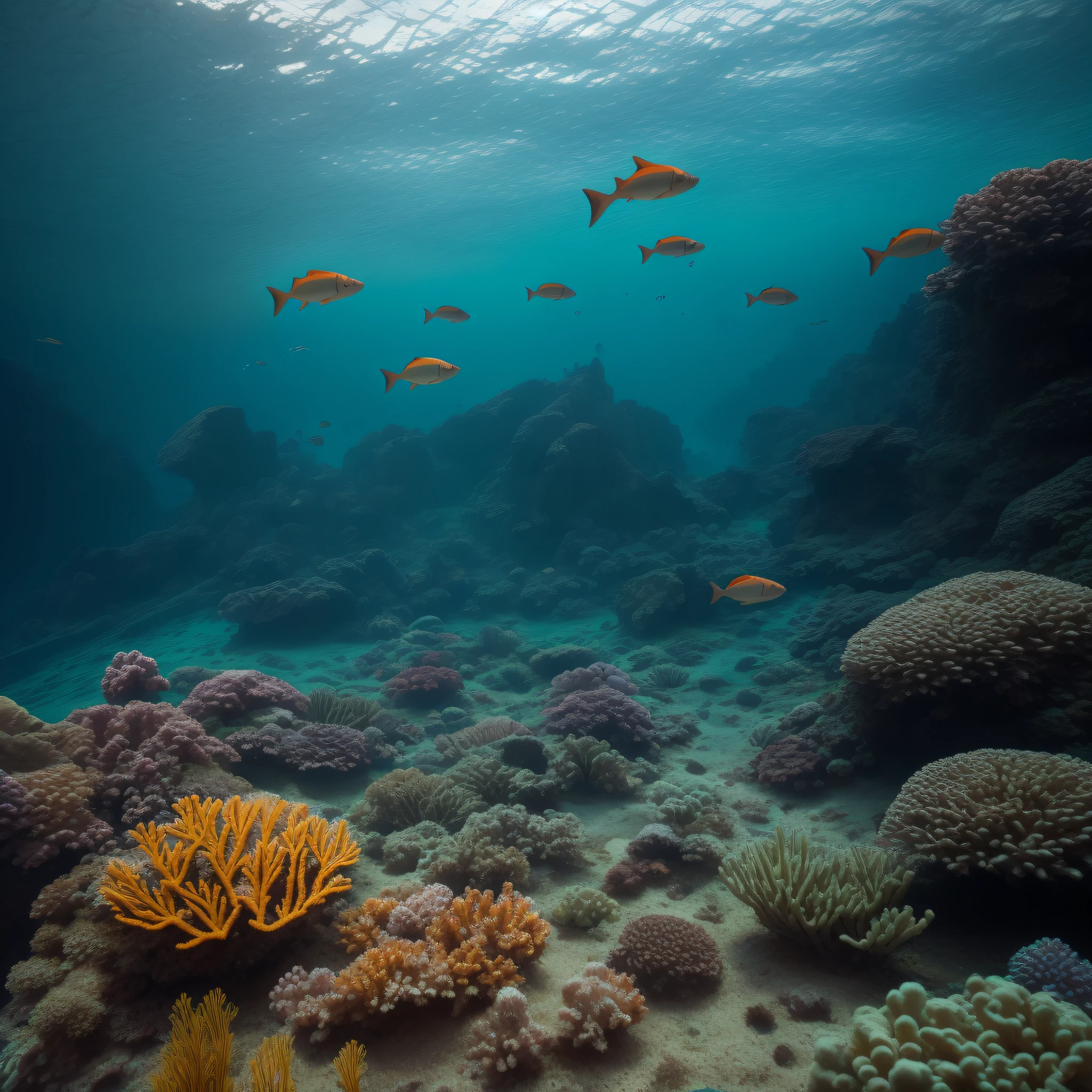 "Mystical underwater city, coral architecture, marine creatures swimming freely, glowing bioluminescent plants illuminating the scene, atmospheric, enchanting, created in a painterly, impressionist style, like an underwater Utopia, serene and calm, underwater daylight, shot with a Canon EOS 5D Mark IV, 16-35mm wide angle lens, f/4, long exposure for motion blur effect. --v 5 --q 2 --ar 16:9"