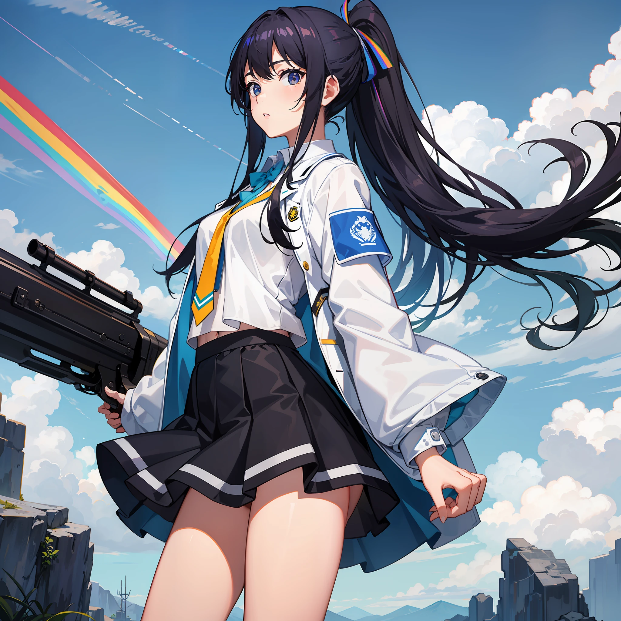 Masterpiece, Best quality, A high resolution, A high school girl wears a long ponytail,rainbow colour hair,Wearing a blue vest,White coat,black short skirt,The background is the wilderness