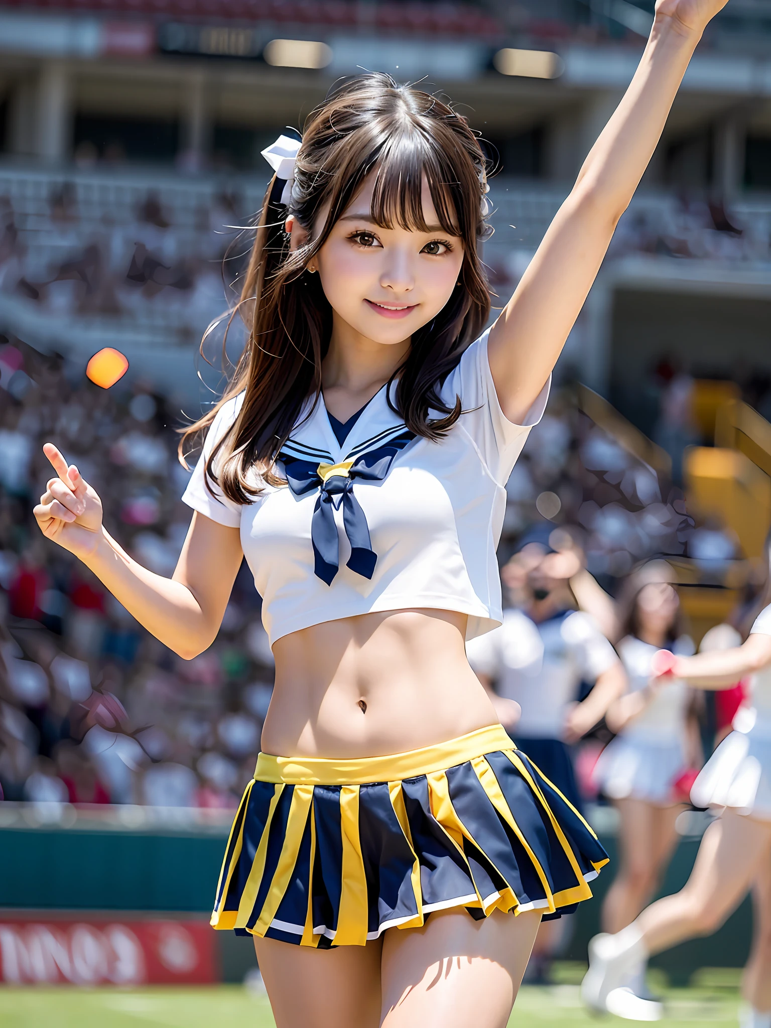Playing pom-poms in the stadium、Alafed Asian cheerleader posing dynamically with one leg raised:1 person:there is nobody else、Dark hair、a closeup、cosplay foto、large full breasts、Realistic 18-year-old live shot, top-quality, hight resolution, (masterpiece), (Photorealsitic:1.4), professional photograpy, foco nítido, nffsw, 8K分辨率, intricate detailes, depth of fields, the Extremely Detailed CG Unity 8K Wallpapers, front lit, femele, girl with, beautiful supermodel, A smile、A slender、Small Cheer Uniform、Sailor suit style