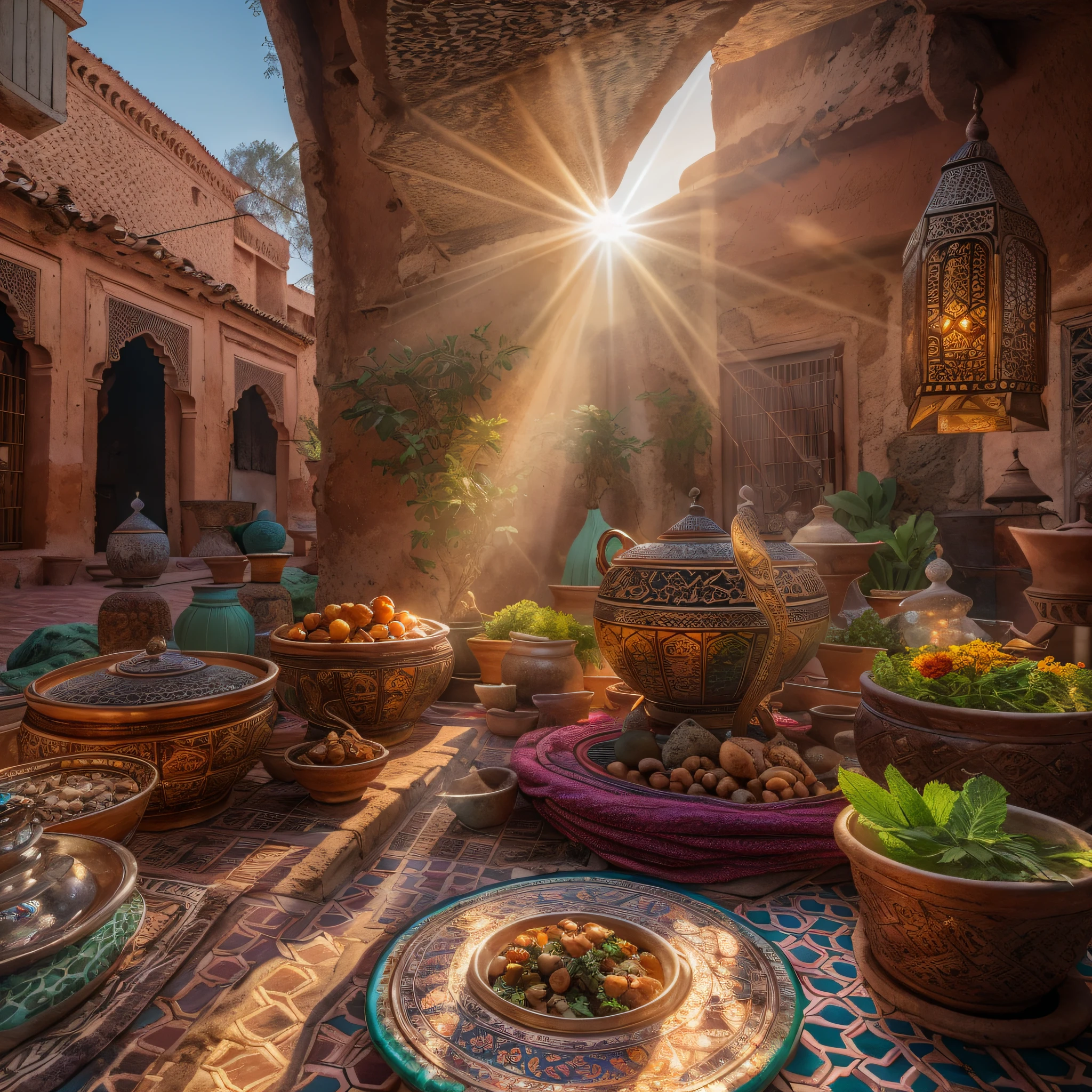 Moroccan medina, Jemaa el fna, sunrays, sunny day, tagine meal on rooftop, Moroccan tea and mint, masterpiece, best quality, ultra high res, RAW, Riad, Marrakech, Marrakesh, (Photoluminescence), blooming flowers, clear, Cinematic RAW photo, hyper real photo, ultrarealistic, 8k uhd, dslr, soft lighting, high quality, film grain, Fujifilm XT3, photographed on a Kodak Retina II Sanyo Xacti VPC-CA6, 50mm lens, Wide Angle, HDR, hyper-realistic, colorgraded, volumetric lighting, [volumetric fog, moist], shallow depth of field, reflections, photo, (sparkling), glistening, (iridescent), glimmering, shimmering, mystical, enchanting, glittering, Morocco, exotic, (masterpiece) (best quality) (detailed) (8k) (HDR) (wallpaper) (cinematic lighting) (sharp focus) (intricate), romantic