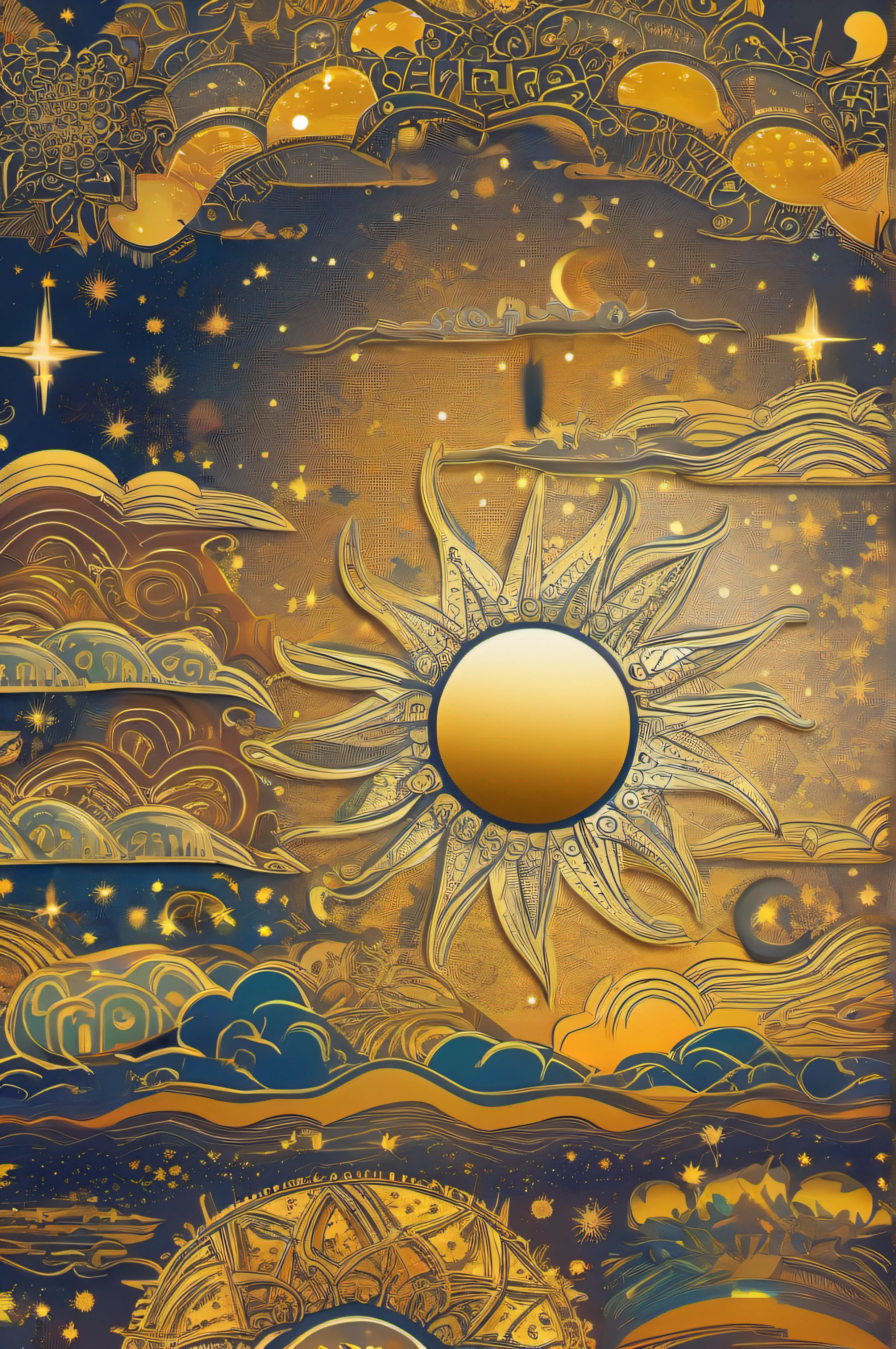 "Sun and moon illuminating star-filled sky, creating seamless patterns."