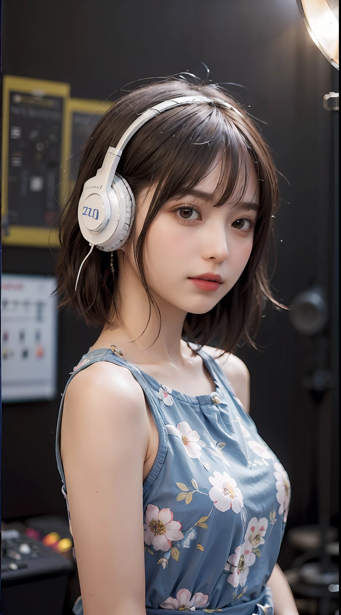 Best Quality, masutepiece, (Photorealistic:2), Ultra High Resolution, Highly detailed, A hyper-realistic, 1girl in, ((head phone)), (Longer dress), Floral pattern, colourfull_hair、(((very_Short_hair))), Short hair, Slim body, Full Shot, Looking at Viewer, ((Music Studio)),  Bright atmosphere, spot light, Detailed background