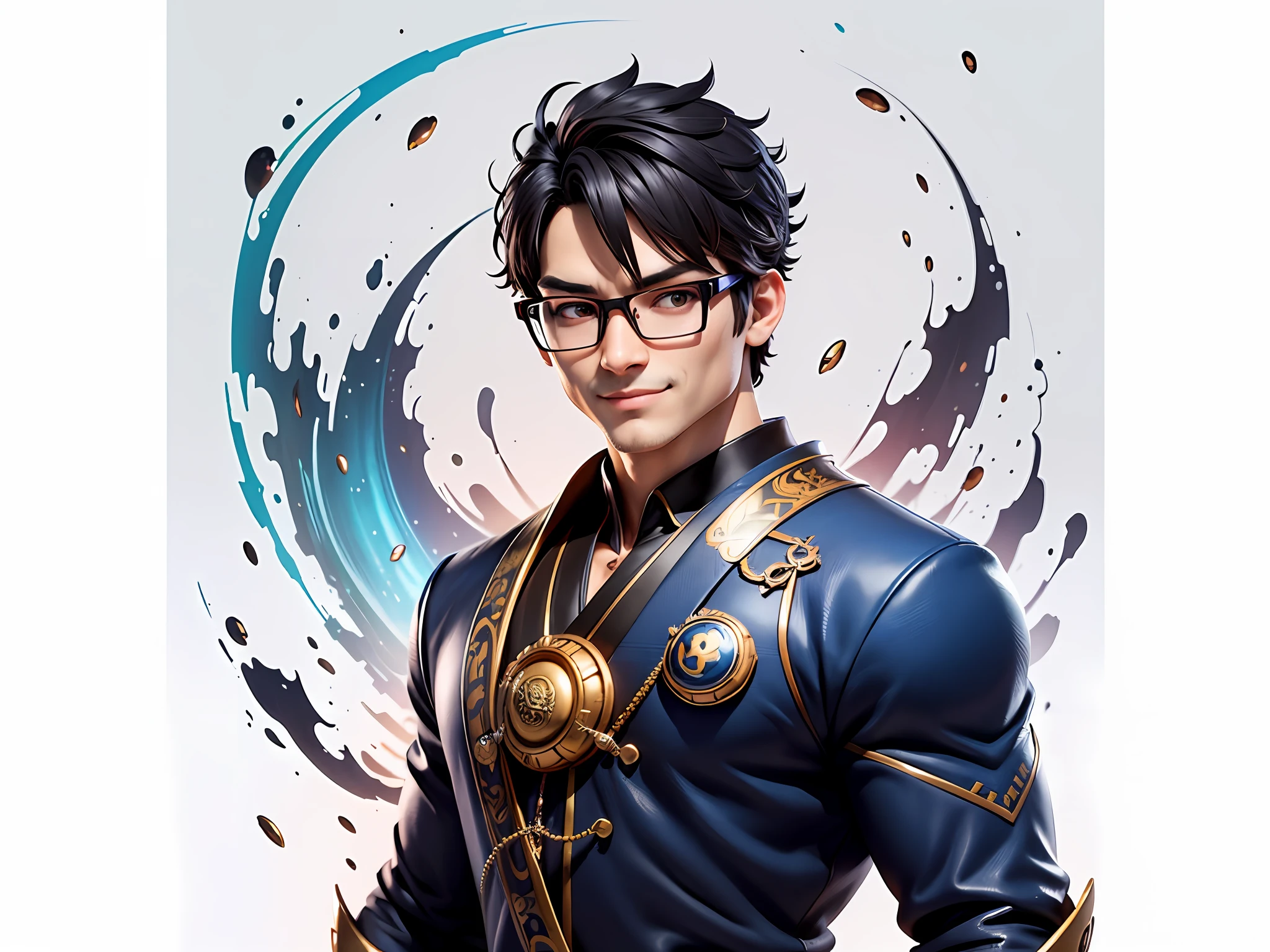 (Masterpiece), (Excellent), (Super Meticulous), (Full Body: 1.2), Super Young Man with Japanese Female Geisha, Pretty, Beautiful, Chinese Dragon, Tiger, Wind God Thor, Sexy, Bursting, Oriental Face, TV Anchor, Bust Portrait Illustration, Black Suit, Blue Tie, Slightly Chubby Face, Silver Glasses, Very Clean Face, No Beard on Chin, Black Super Short Hair, Black Eyes, Confident Smile, 3c Computer Sub-Products, iPad, iPhone, Digital Painting, 3D character design by Mark Clairedon and Pixar and Hayao Miyazaki and Akira Toriyama, the illustrations are HD illustrations in 4K resolution with highly detailed facial features and cartoon-style visuals.