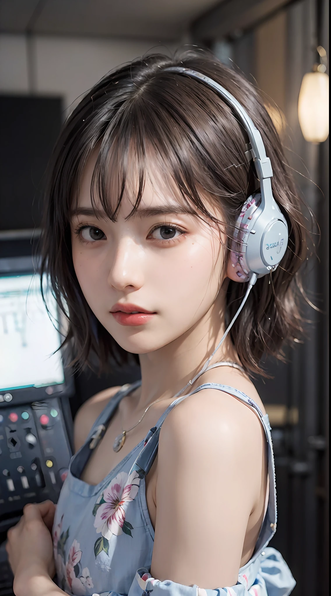 Best Quality, masutepiece, (Photorealistic:2), Ultra High Resolution, Highly detailed, A hyper-realistic, 1girl in, ((head phone)), (Longer dress), Floral pattern, colourfull_hair、(((very_Short_hair))), Short hair, Slim body, Full Shot, Looking at Viewer, ((Music Studio)),  Bright atmosphere, spot light, Detailed background