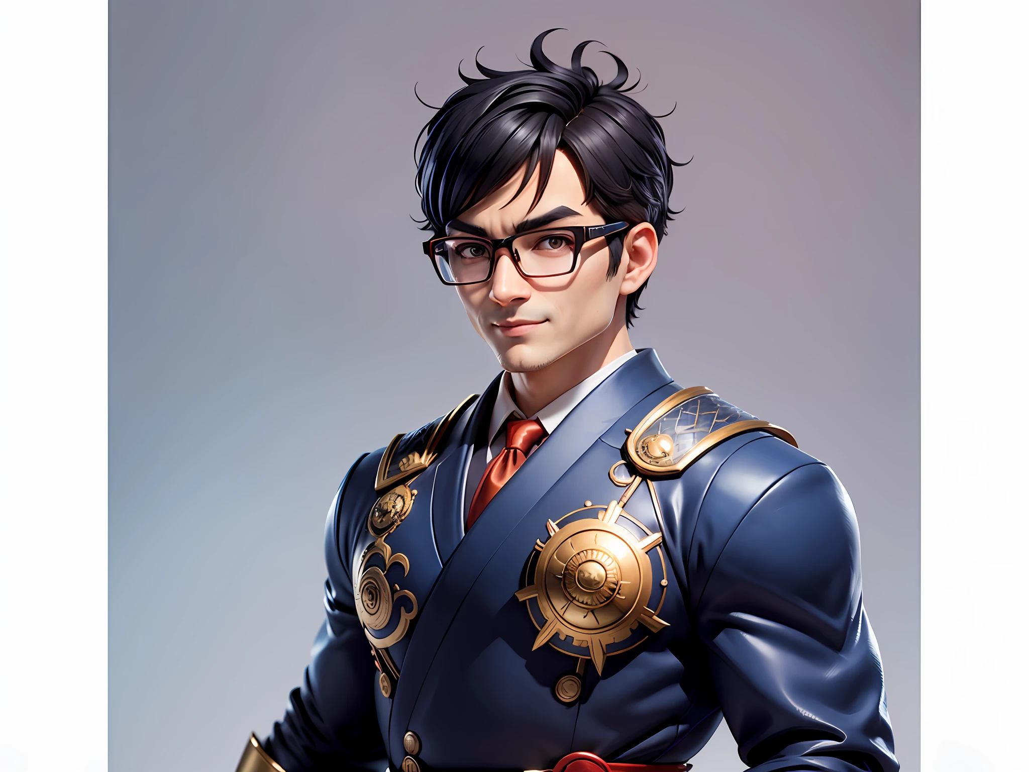 (Masterpiece), (Excellent), (Super Meticulous), (Full Body: 1.2), Super Young Man with Japanese Female Geisha, Pretty, Beautiful, Chinese Dragon, Tiger, Wind God Thor, y, Bursting, Oriental Face, TV Anchor, Bust Portrait Illustration, Black Suit, Blue Tie, Slightly Chubby Face, Silver Glasses, Very Clean Face, No Beard on Chin, Black Super Short Hair, Black Eyes, Confident Smile, 3c Computer Sub-Products, iPad, iPhone, Digital Painting, 3D character design by Mark Clairedon and Pixar and Hayao Miyazaki and Akira Toriyama, the illustrations are HD illustrations in 4K resolution with highly detailed facial features and cartoon-style visuals.