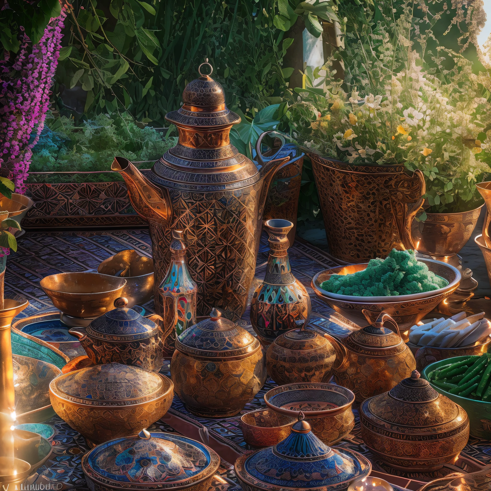 Moroccan medina, Jemaa el fna, sunrays, sunny day, tagine meal on rooftop, Moroccan tea and mint, masterpiece, best quality, ultra high res, RAW, Riad, Marrakech, Marrakesh, (Photoluminescence), blooming flowers, clear, Cinematic RAW photo, hyper real photo, ultrarealistic, 8k uhd, dslr, soft lighting, high quality, film grain, Fujifilm XT3, photographed on a Kodak Retina II Sanyo Xacti VPC-CA6, 50mm lens, Wide Angle, HDR, hyper-realistic, colorgraded, volumetric lighting, [volumetric fog, moist], shallow depth of field, reflections, photo, (sparkling), glistening, (iridescent), glimmering, shimmering, mystical, enchanting, glittering, Morocco, exotic, (masterpiece) (best quality) (detailed) (8k) (HDR) (wallpaper) (cinematic lighting) (sharp focus) (intricate), romantic