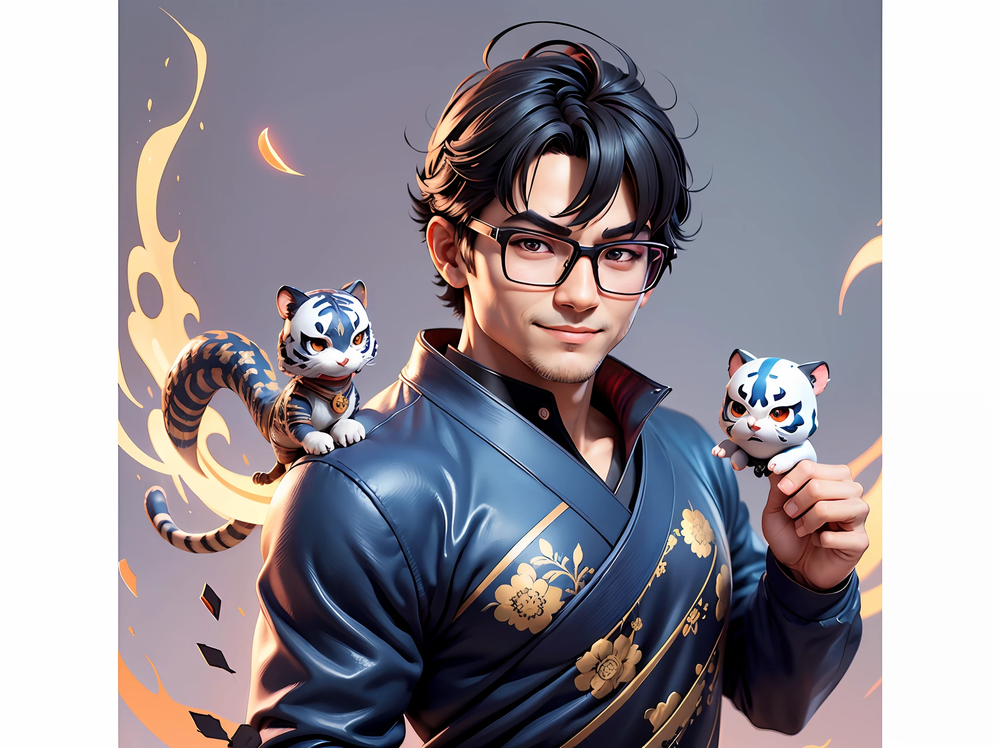 (Masterpiece), (Excellent), (Super Meticulous), (Full Body: 1.2), Super Young Man with Japanese Female Geisha, Pretty, Beautiful, Chinese Dragon, Tiger, Wind God Thor, Sexy, Bursting, Oriental Face, TV Anchor, Bust Portrait Illustration, Black Suit, Blue Tie, Slightly Chubby Face, Silver Glasses, Very Clean Face, No Beard on Chin, Black Super Short Hair, Black Eyes, Confident Smile, 3c Computer Sub-Products, iPad, iPhone, Digital Painting, 3D character design by Mark Clairedon and Pixar and Hayao Miyazaki and Akira Toriyama, the illustrations are HD illustrations in 4K resolution with highly detailed facial features and cartoon-style visuals.