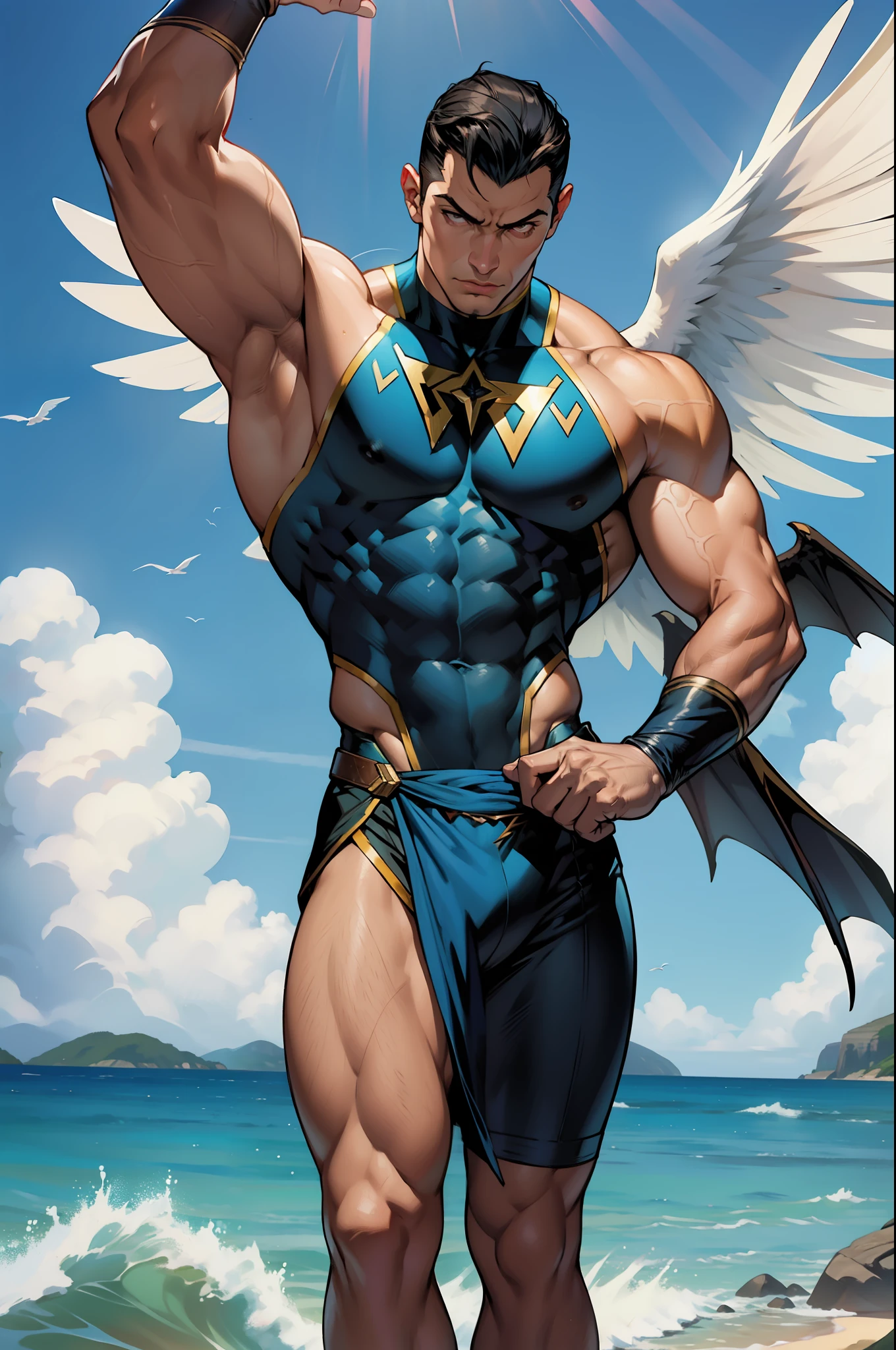 ator Tenoch Huerta vestido de Namor da Marvel, voando alto , acima do Mar , wings on feet , Namor , rosto em alta qualidade , corpo musculoso , peito grande