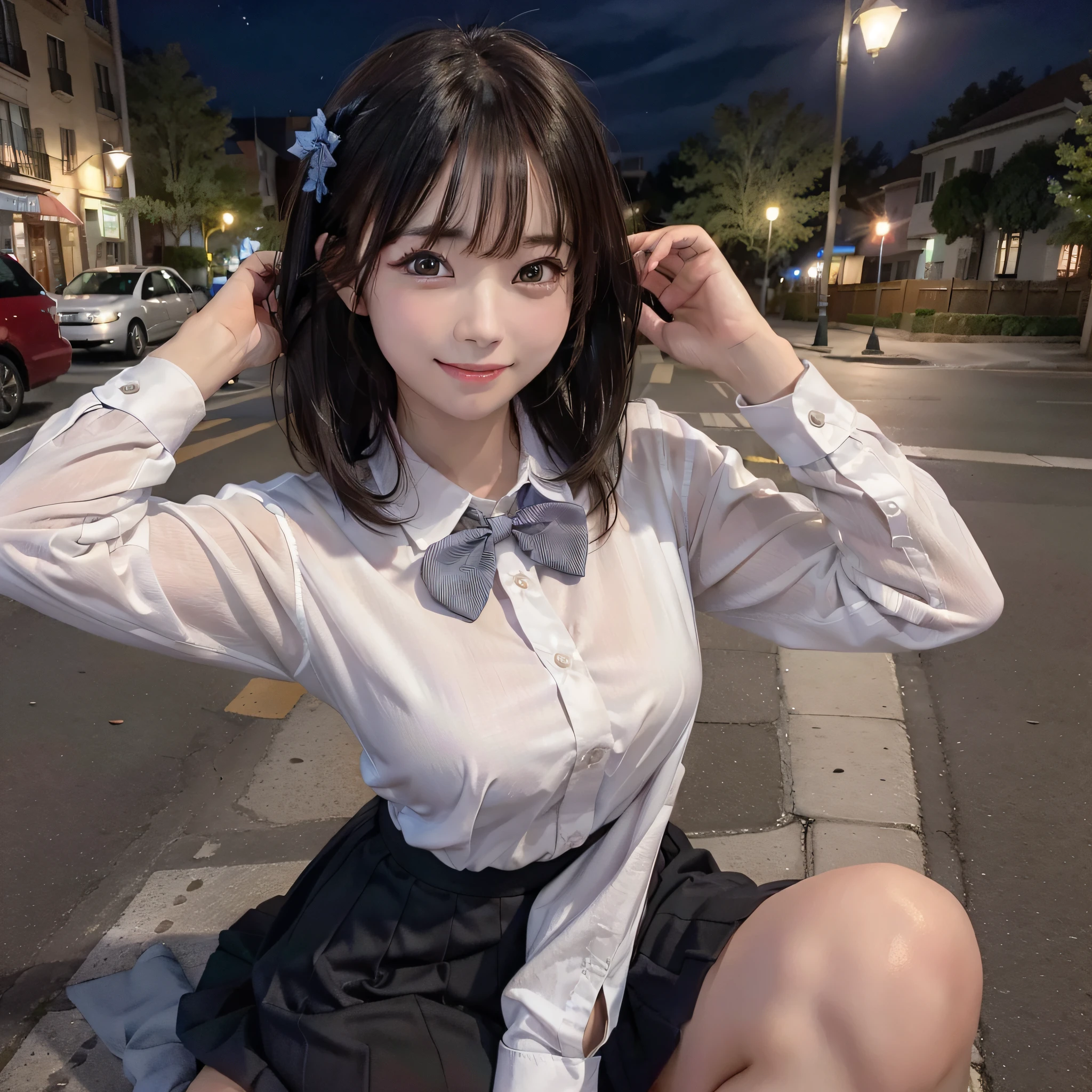 There is a woman who is on the street with a bag, (8k, RAW photo, best quality, masterpiece: 1.2), (realistic, photo-realistic: 1.37), ultra-detailed, 1 girl, beautiful, solo, beautiful detailed sky, night, sitting, dating, (flushed nose), (happy smile), medium breasts, beautiful detailed eyes, (collared shirt: 1.1), bow tie, pleated skirt,