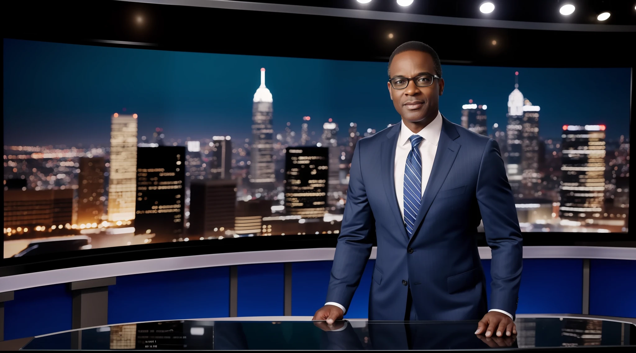 journalist ,handsome, green eyes, sexy, handsome man, african american, 52 years old, with glasses, blue suit, striped tie, white shirt, anchor,
on the bench, tv studio, TV News Studio dress, 4k image, perfect, self-confident, Brush and Sponge Application, night photography, blurred background plate room with larger panel windows, Exclusive city landscape in the background, Studio de TV, CNN, FOX.