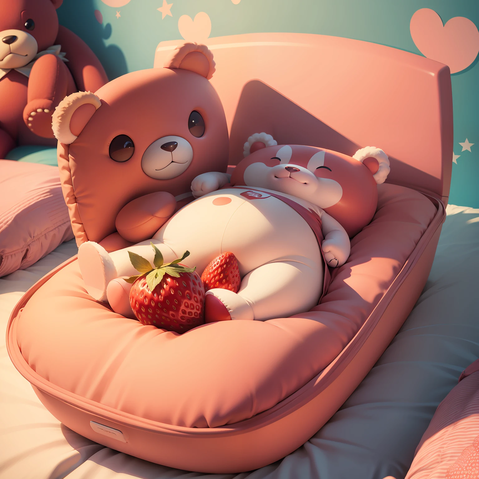 cartoonish style,Strawberry Bear,Lie down in bed,Holding the phone in his left hand