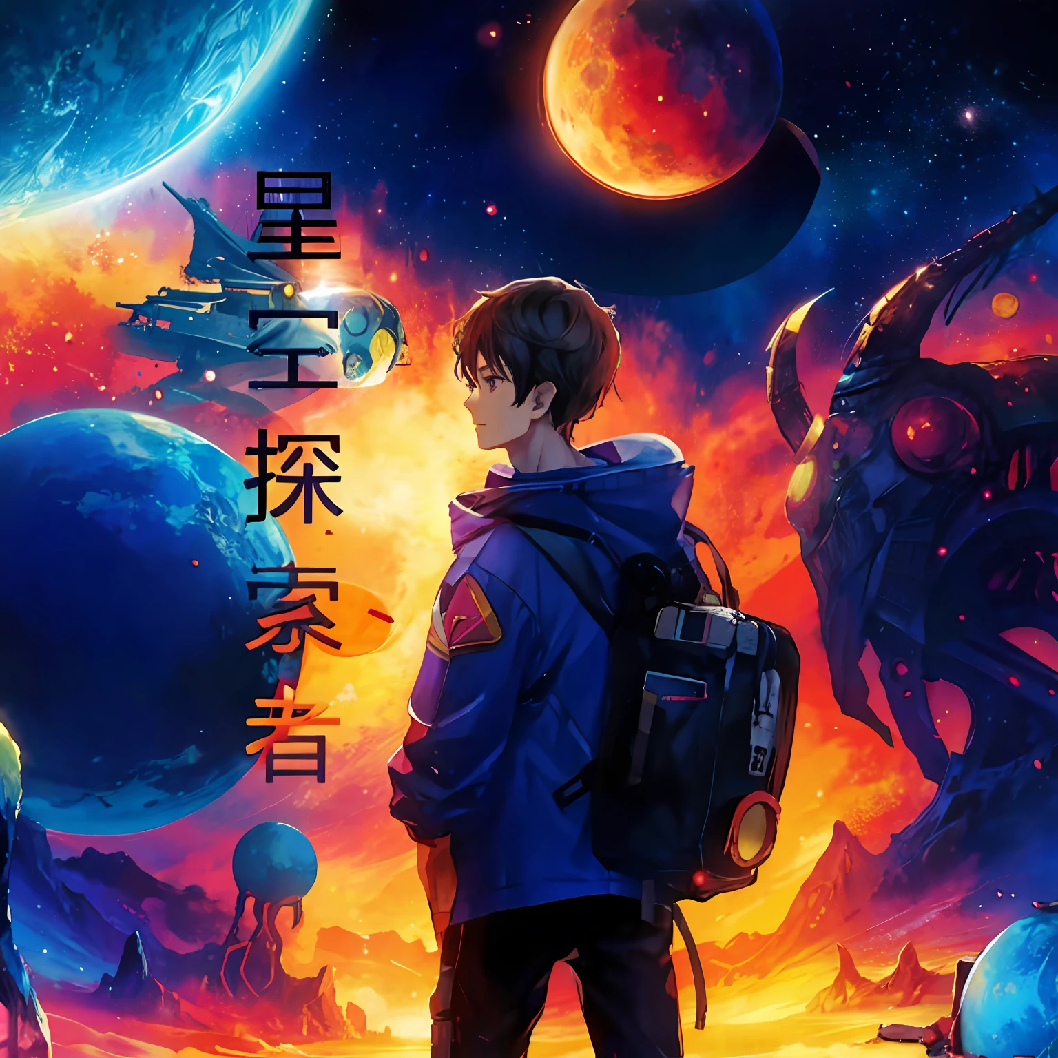 A boy looks at an anime poster of the space station with a giant alien, Artistic cover, borne space library artwork, Space travelling, front cover of a new video game, another planet, poster for, by Yang J, author:Qu Leilei, in an colorful alien planet, Album art, lonely astronaut, Cover art, author:tooth wu, space dream, infinite celestial library