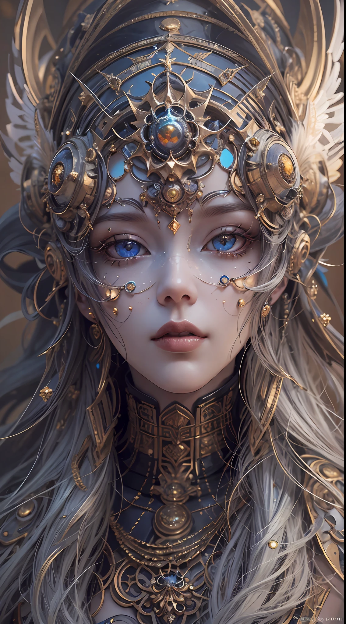 （best qualtiy，ultra - detailed，Most Best Illustration，Best shadow，tmasterpiece，A high resolution，professionalartwork，famousartwork），Detailed eyes，beautidful eyes，closeup cleavage，sci-fy，colored sclera，Robot eyes，face markings，Tattooed with，（fractalized，Fractal eyes），largeeyes，Wide eyes，（Eye focus），sface focus，Cosmic eyes，Space eyes，Close-up of metal sculpture of a woman with a moon in her hair，goddes。extremly high detail，3 d goddess portrait，Extremely detailed footage of the goddess，a stunning portrait of a goddess，Side image of the goddess，portrait of a beautiful goddess，Full body close-up portrait of the goddess，hecate goddess，portrait of a norse moon goddess，goddess of space and time