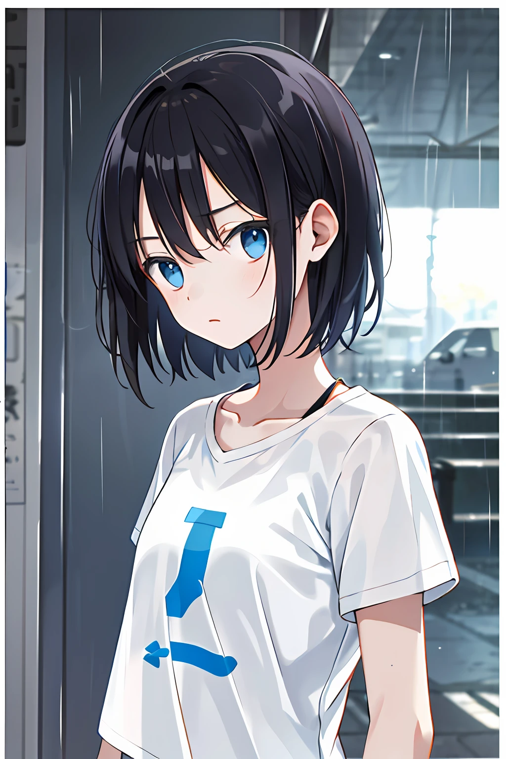 teens girl,clever,White T-shirt,The look sad,Wandering eyes,low head,little bit of raining,Younger sister,Brainwashed