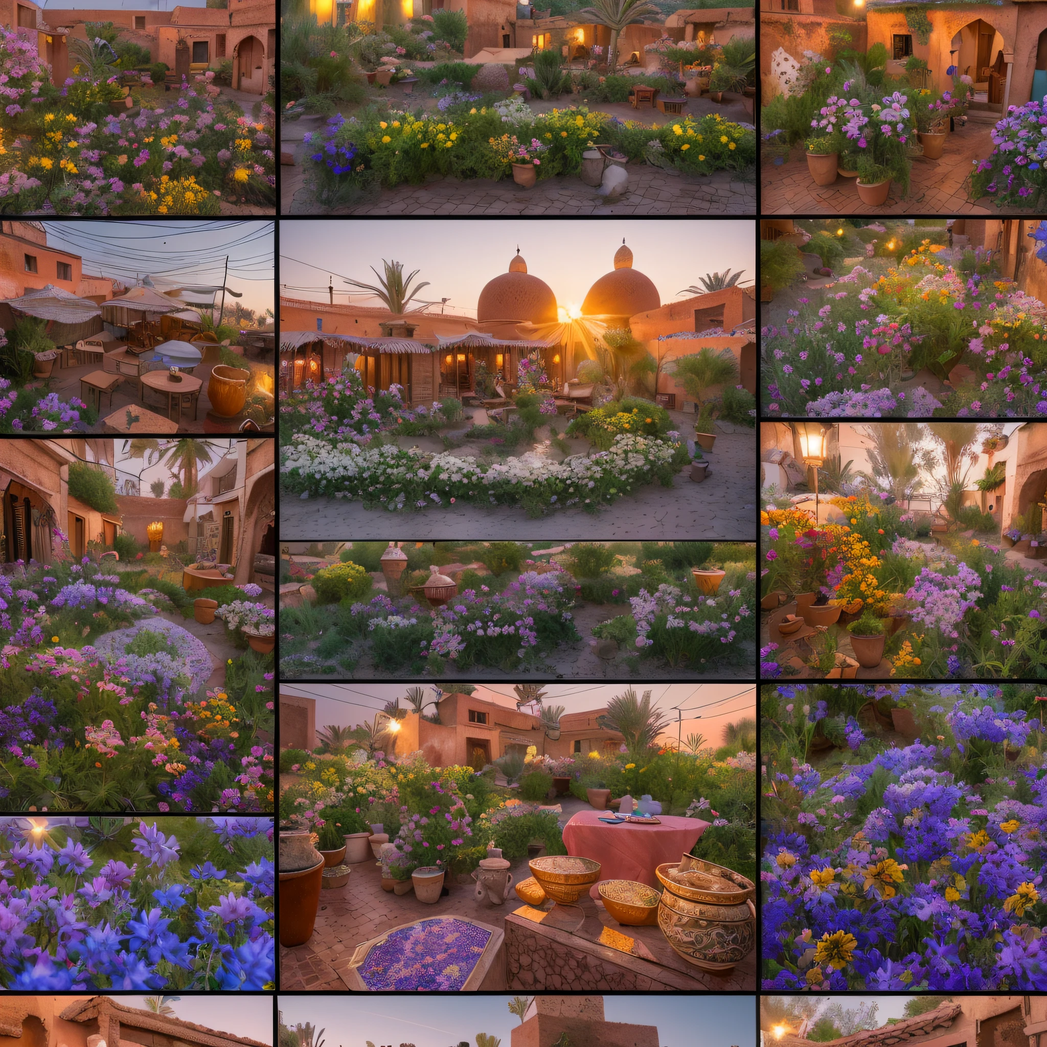 Moroccan medina, Jemaa el fna, sunset, tagine meal on balcony, Moroccan tea and mint, masterpiece, best quality, ultra high res, RAW, Riad, Marrakech, Marrakesh, (Photoluminescence), blooming flowers, clear, Cinematic RAW photo, hyper real photo, ultrarealistic, 8k uhd, dslr, soft lighting, high quality, film grain, Fujifilm XT3, photographed on a Kodak Retina II Sanyo Xacti VPC-CA6, 50mm lens, Wide Angle, HDR, hyper-realistic, colorgraded, volumetric lighting, [volumetric fog, moist], shallow depth of field, reflections, photo, (sparkling), glistening, (iridescent), glimmering, shimmering, mystical, enchanting, glittering, Morocco, exotic, (masterpiece) (best quality) (detailed) (8k) (HDR) (wallpaper) (cinematic lighting) (sharp focus) (intricate), romantic