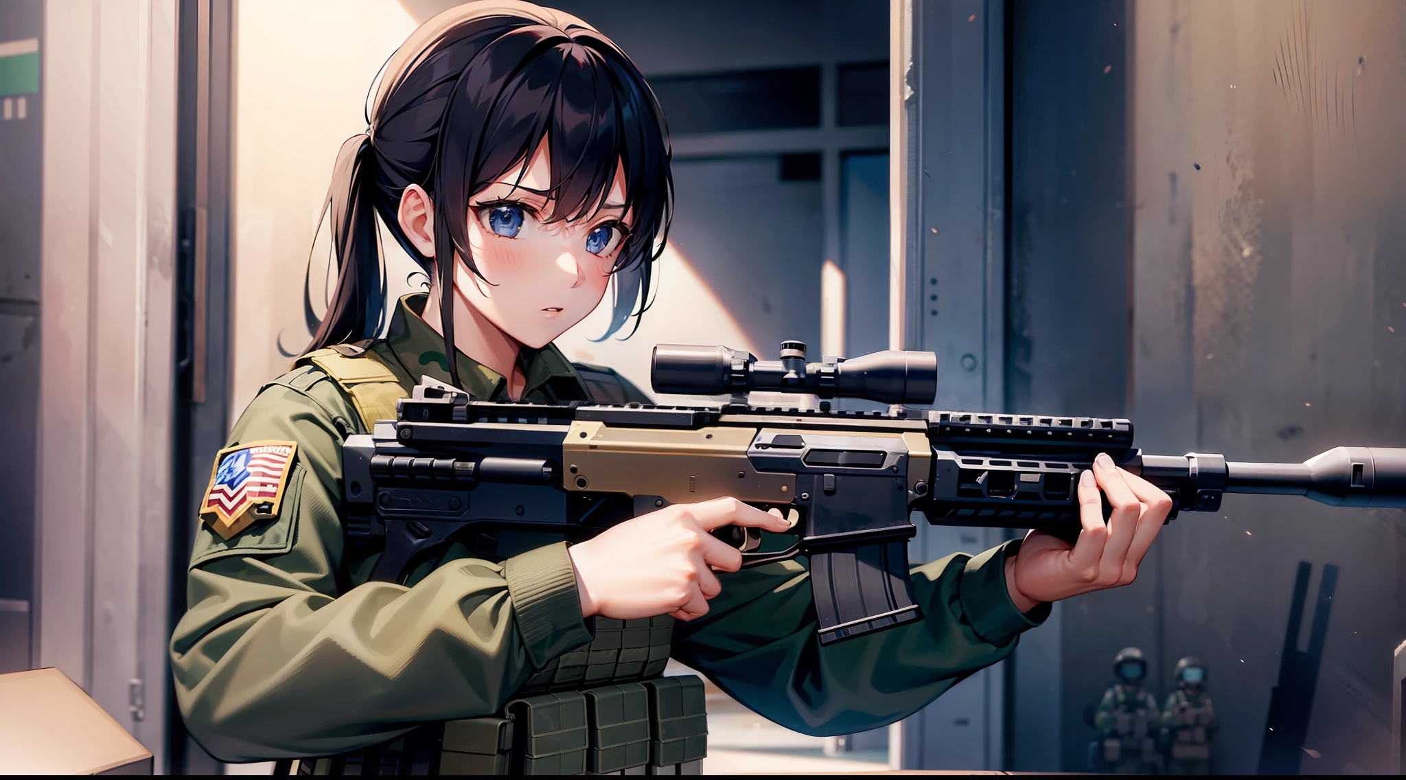 1 girl, military, pmc, cqb, gun girl, assault rifle, shooting, cinematic action, dynamic
