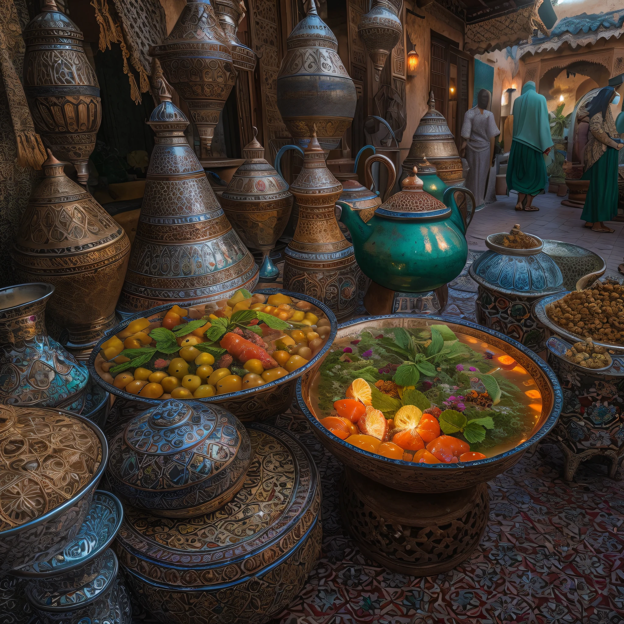 Moroccan medina, Jemaa el fna, sunset, tagine meal on balcony, Moroccan tea and mint, masterpiece, best quality, ultra high res, RAW, Riad, Marrakech, Marrakesh, (Photoluminescence), blooming flowers, clear, Cinematic RAW photo, hyper real photo, ultrarealistic, 8k uhd, dslr, soft lighting, high quality, film grain, Fujifilm XT3, photographed on a Kodak Retina II Sanyo Xacti VPC-CA6, 50mm lens, Wide Angle, HDR, hyper-realistic, colorgraded, volumetric lighting, [volumetric fog, moist], shallow depth of field, reflections, photo, (sparkling), glistening, (iridescent), glimmering, shimmering, mystical, enchanting, glittering, Morocco, exotic, (masterpiece) (best quality) (detailed) (8k) (HDR) (wallpaper) (cinematic lighting) (sharp focus) (intricate), romantic
