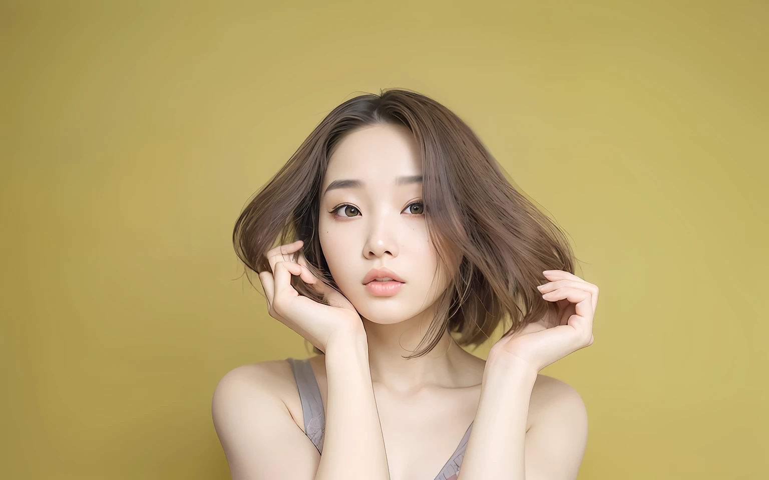 There are women with short hair and gray tops, lee ji - eun, lee ji-eun, Beautiful young Korean woman, sun yunjoo, Portrait of female Korean idol, With short hair, Choi Hong Hwa, shin min jeong, jaeyeon nam, park ji-min, Young adorable Korean face, Gorgeous young Korean woman, chin-length hair