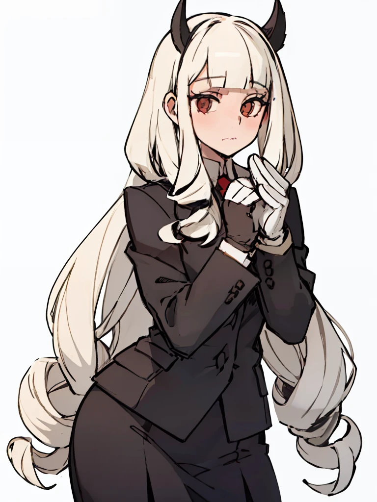 A girl frontal,((full bodyesbian,Suits,Long curly white gas)),Calf white silk,Put your hands in front,Young, White background