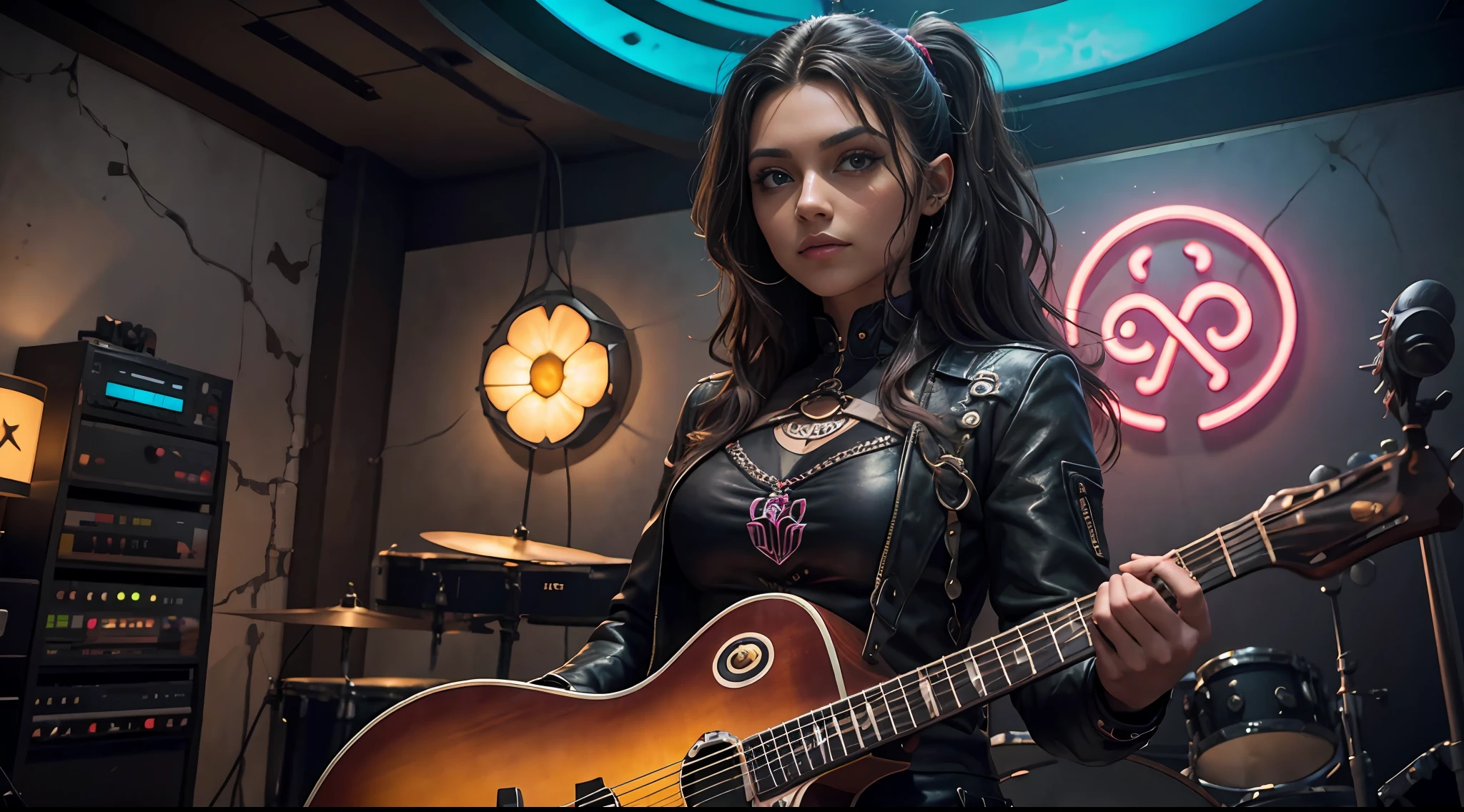 (melhor qualidade: 1.33), (obra-prima: 1.42), (realista: 1.24), (detalhado: 1.15), 1girl, mulher adulta, cabelo preto curto, biochemical body, jaqueta preta, in a music studio with guitar and drums in the background, escuro, neon lights, dinamic pose,