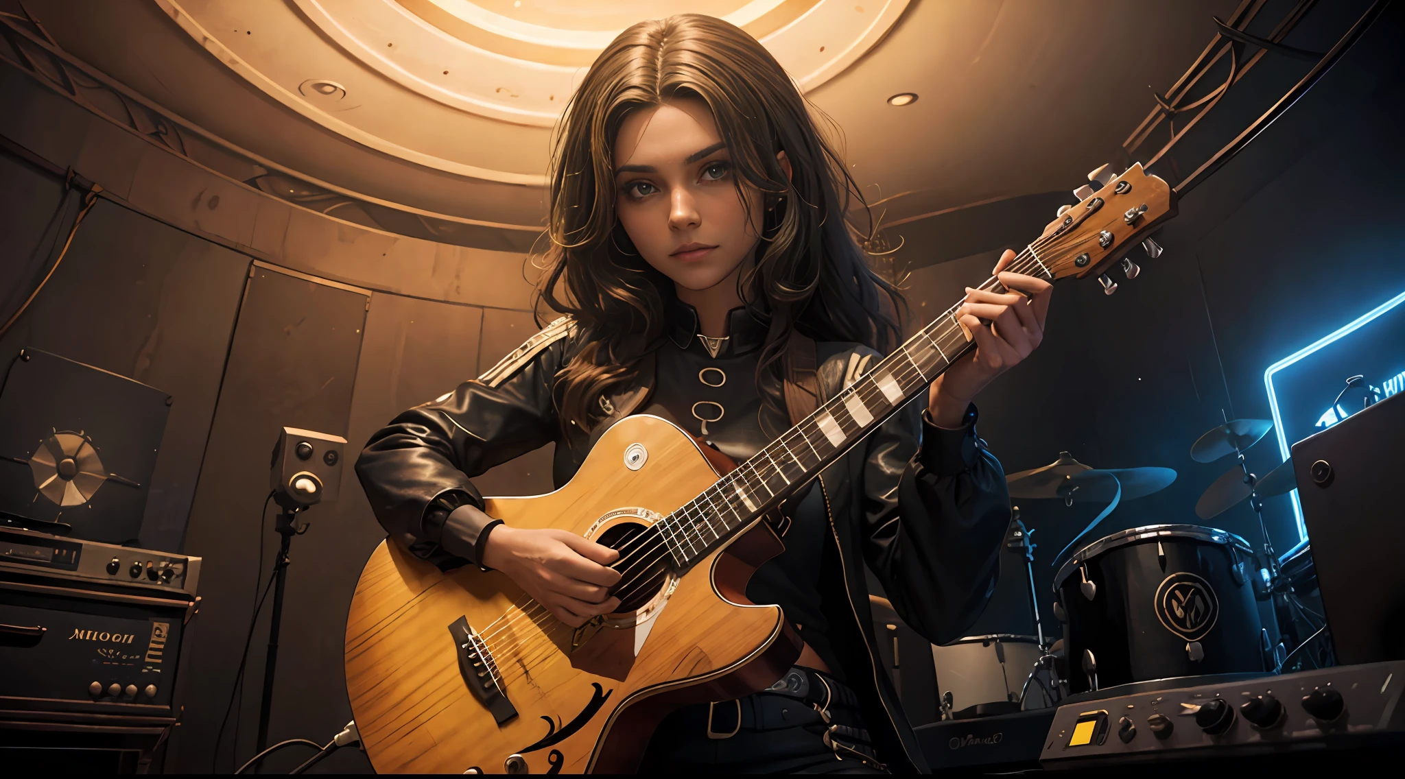 (melhor qualidade: 1.33), (obra-prima: 1.42), (realista: 1.24), (detalhado: 1.15), 1girl, mulher adulta, cabelo preto curto, biochemical body, jaqueta preta, in a music studio with guitar and drums in the background, escuro, neon lights, dinamic pose,