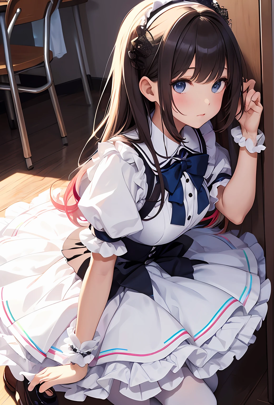 best qualityer，tmasterpiece，Ultimate resolution，downy，Extremely colorful，Colorful，Big high school girl，Lolita long dress， white stockings，Muffin shoes，closeup of face