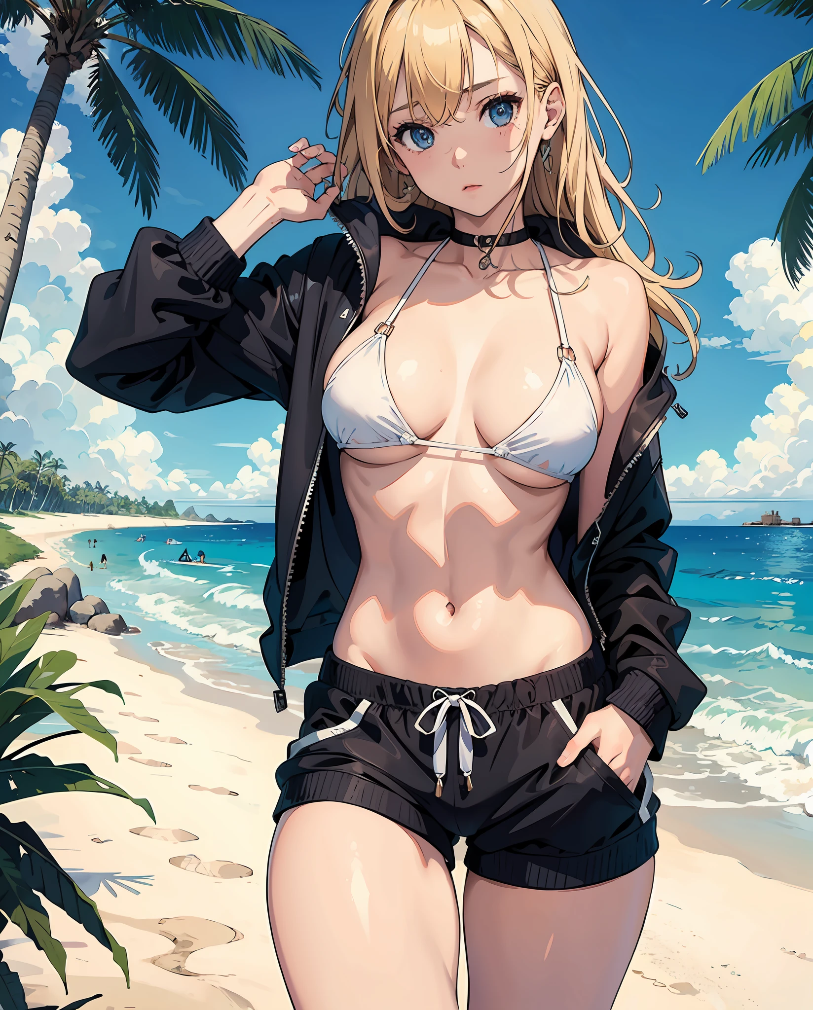 (masterpiece, best quality), beautiful girl, bikini, open hoodie (detailed beautiful eyes) underwear, full body shot, visible bellybutton, blonde hair, beach