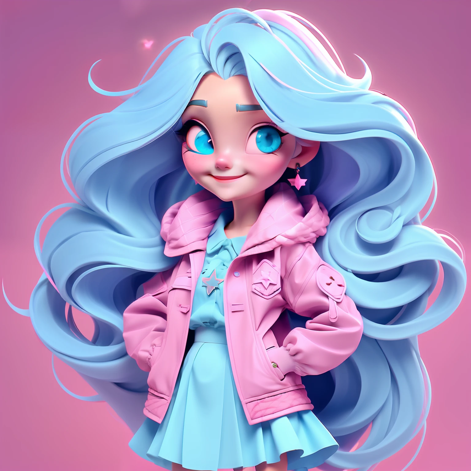 1girl, long hair, blue eyes, earrings, jewelry, solo, skirt, looking at viewer, PINK hair, smile, very long hair,star hair ornament, jacket, lips, simple background