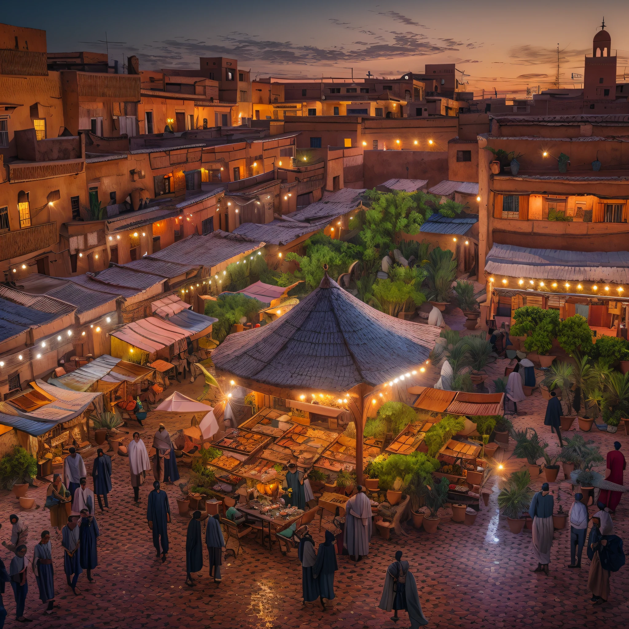 Moroccan medina, Jemaa el fna, sunset, tagine meal on balcony, Moroccan tea and mint, masterpiece, best quality, ultra high res, RAW, Riad, Marrakech, Marrakesh, (Photoluminescence), blooming flowers, clear, Cinematic RAW photo, hyper real photo, ultrarealistic, 8k uhd, dslr, soft lighting, high quality, film grain, Fujifilm XT3, photographed on a Kodak Retina II Sanyo Xacti VPC-CA6, 50mm lens, Wide Angle, HDR, hyper-realistic, colorgraded, volumetric lighting, [volumetric fog, moist], shallow depth of field, reflections, photo, (sparkling), glistening, (iridescent), glimmering, shimmering, mystical, enchanting, glittering, Morocco, exotic, (masterpiece) (best quality) (detailed) (8k) (HDR) (wallpaper) (cinematic lighting) (sharp focus) (intricate), romantic