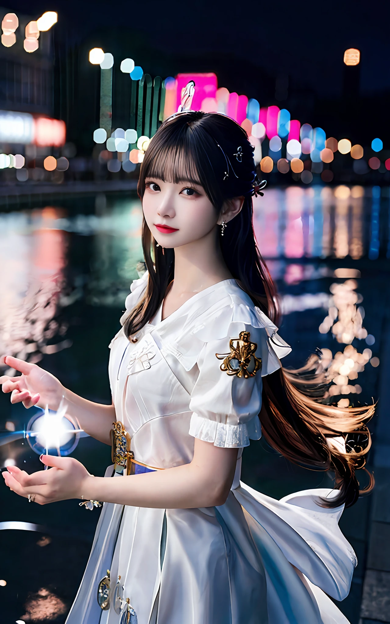 (realisticity: 1.2), best quality, masterpiece, highres, cg,
1girl, weapon, sword, long hair, dress, water, solo, jewelry, white dress, earrings, hair ornament, splashing, upper body super realistis, hair bun, black hair, city bacgraun realistis,
lighting,candid, Photograph, high resolution, 4k, 8k, Bokeh,