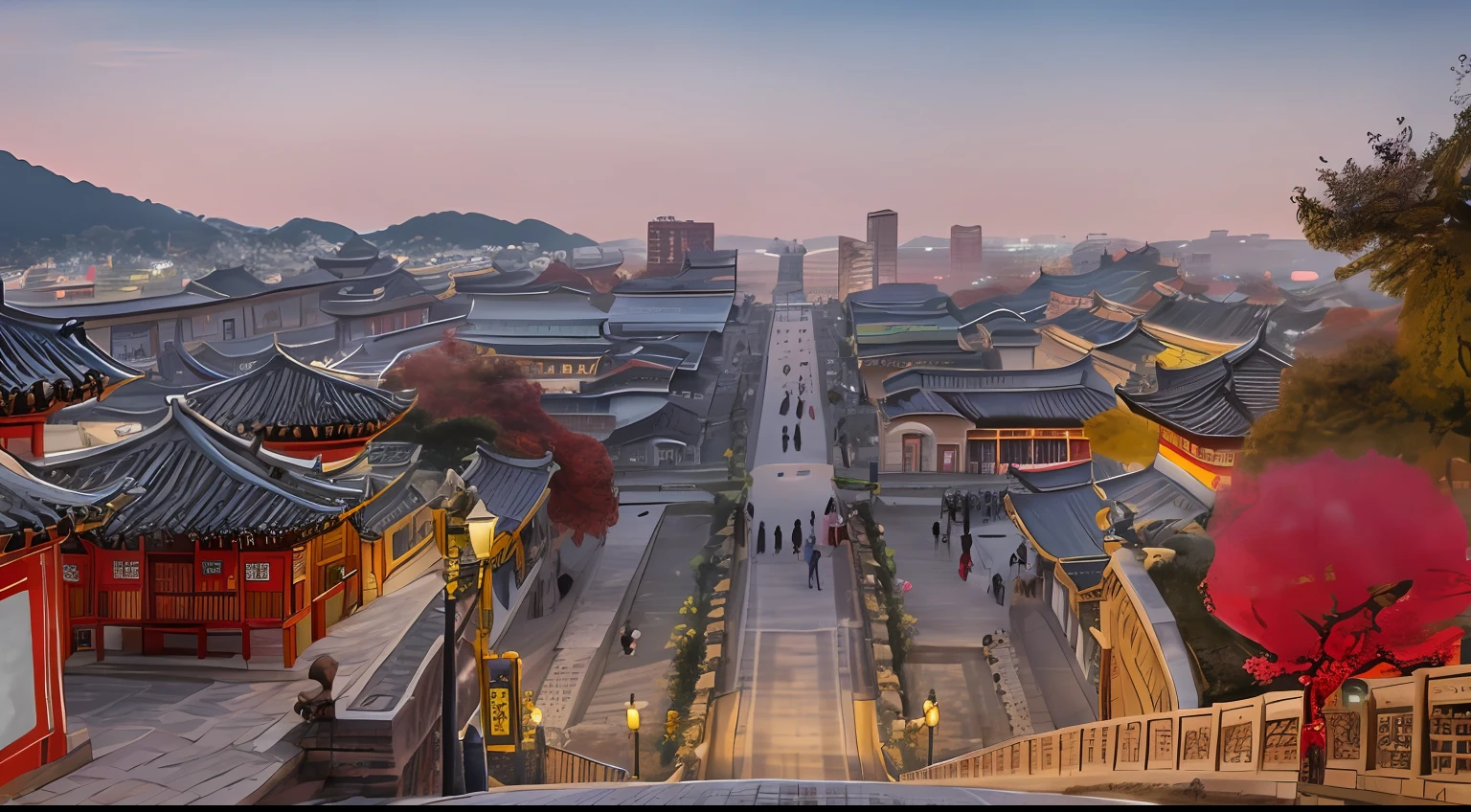 tmasterpiece，Best quality at best，bonian，shukezouma，fantastic composition，Chinese ancient city，many buildings，beautiful sky in detail，（There are a lot of pedestrians on the road），Red Night，