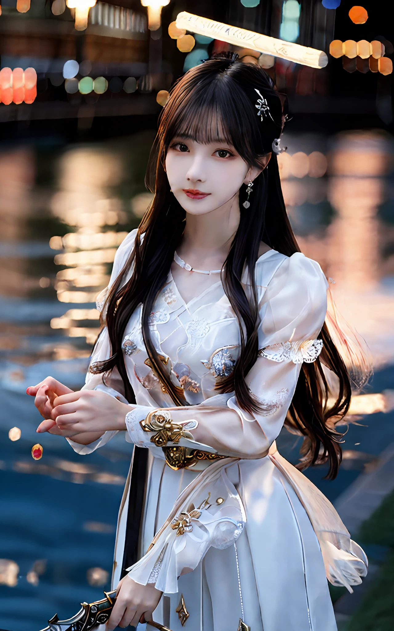 (realisticity: 1.2), best quality, masterpiece, highres, cg,
1girl, weapon, sword, long hair, dress, water, solo, jewelry, white dress, earrings, hair ornament, splashing, upper body super realistis, hair bun, black hair, city bacgraun realistis,
lighting,candid, Photograph, high resolution, 4k, 8k, Bokeh,