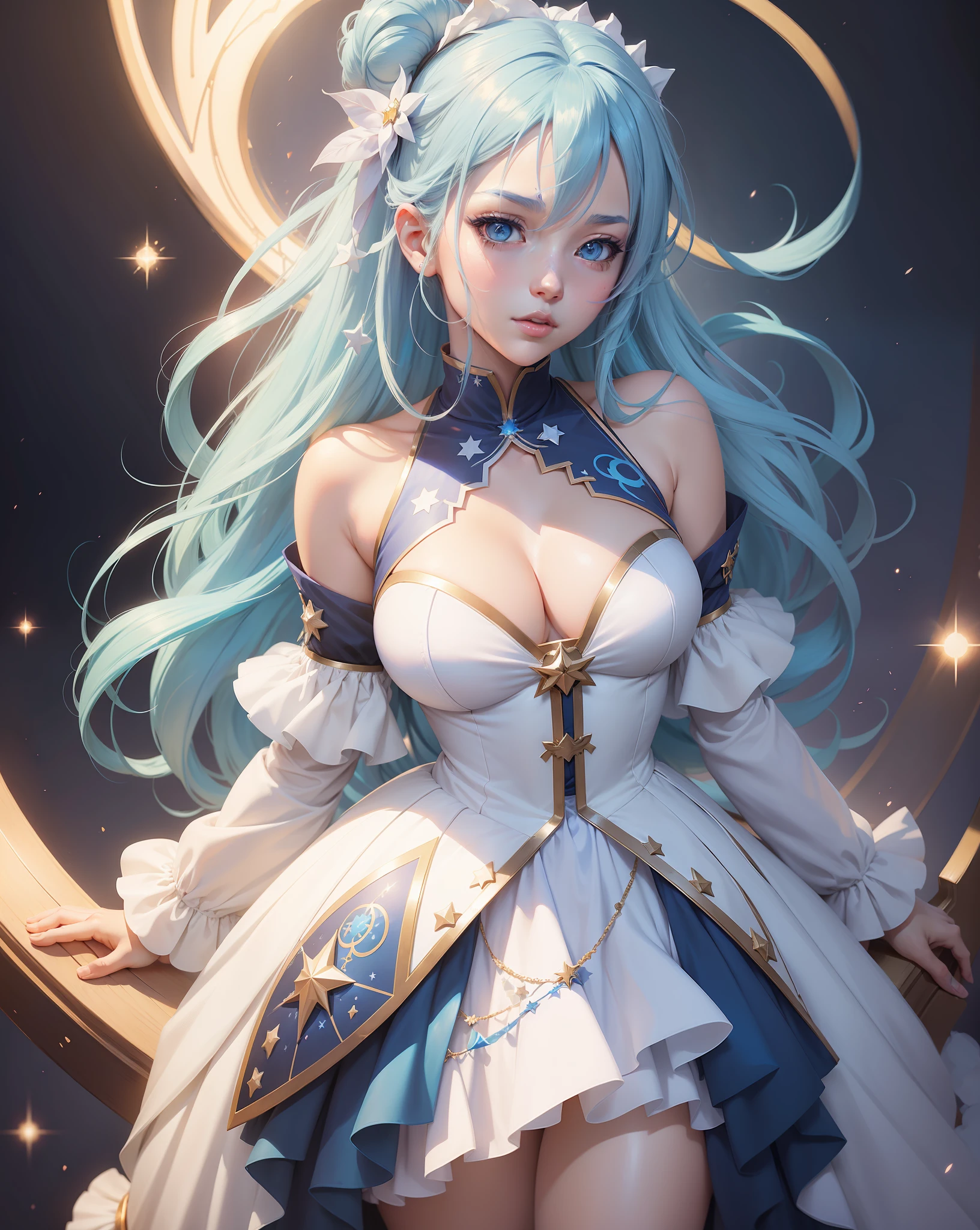 anime girl with blue hair and a white dress with a star in her hair, portrait knights of zodiac girl, detailed digital anime art, rossdraws portrait, anime fantasy illustration, fantasy art style, fanart best artstation, beautiful anime portrait, artgerm. anime illustration, ross tran 8 k, anime art wallpaper 8 k, anime art wallpaper 4 k