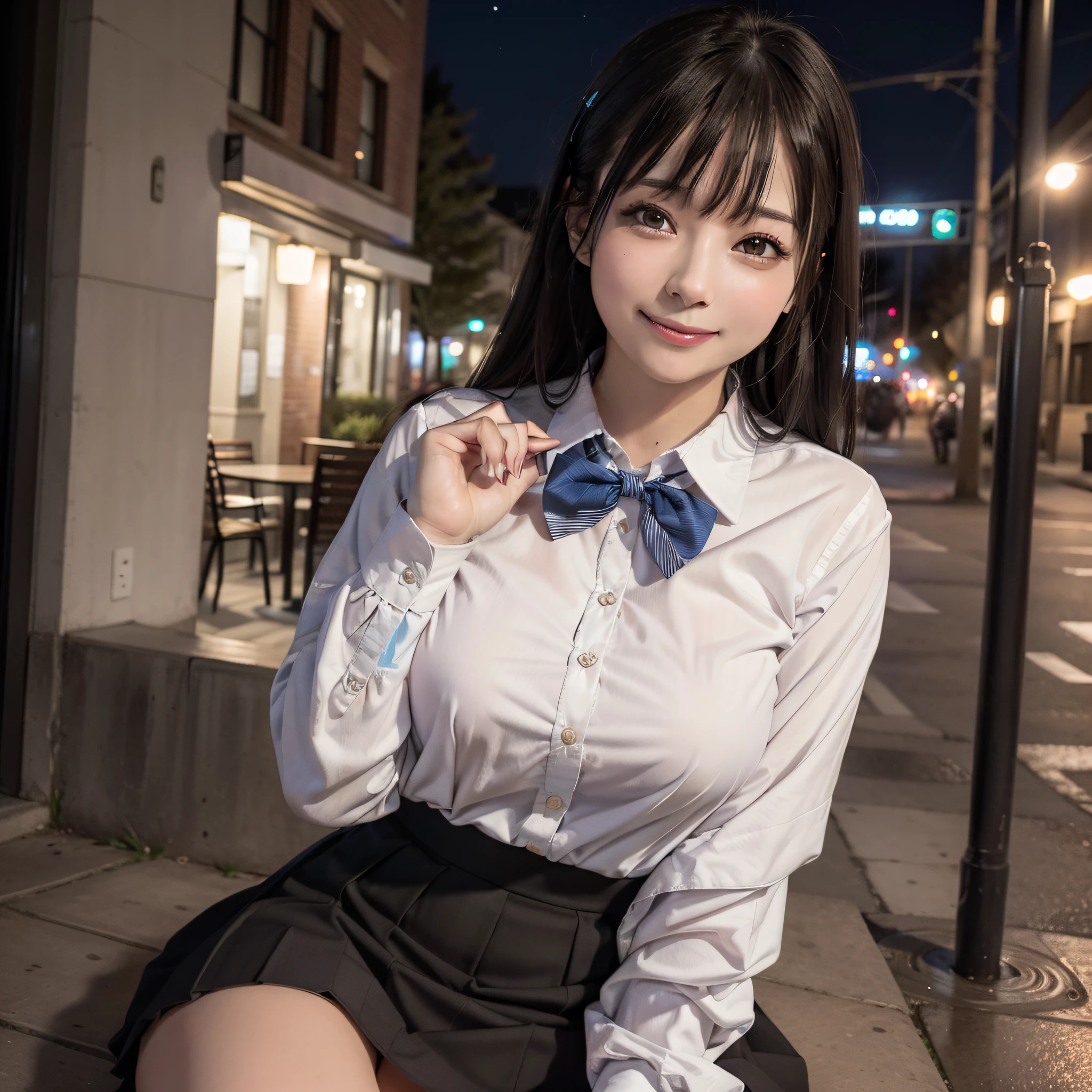 There is a woman who is on the street with a bag, (8k, RAW photo, best quality, masterpiece: 1.2), (realistic, photo-realistic: 1.37), ultra-detailed, 1 girl, beautiful, solo, beautiful detailed sky, night, sitting, dating, (flushed nose), (happy smile), medium breasts, beautiful detailed eyes, (collared shirt: 1.1), bow tie, pleated skirt,