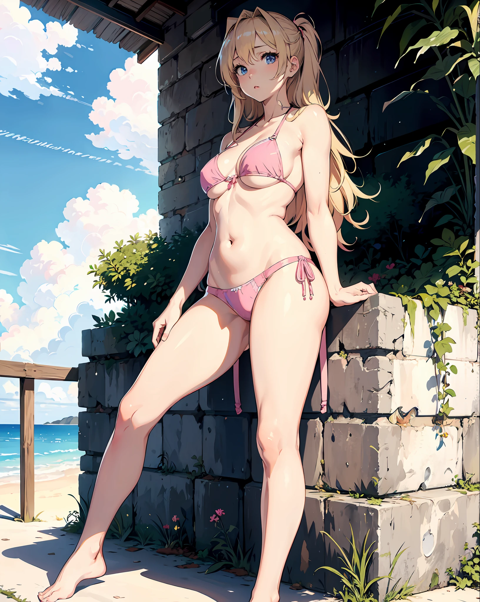 (masterpiece, best quality), beautiful girl, bikini, open hoodie (detailed beautiful eyes) underwear, full body shot, visible bellybutton, blonde hair, pink