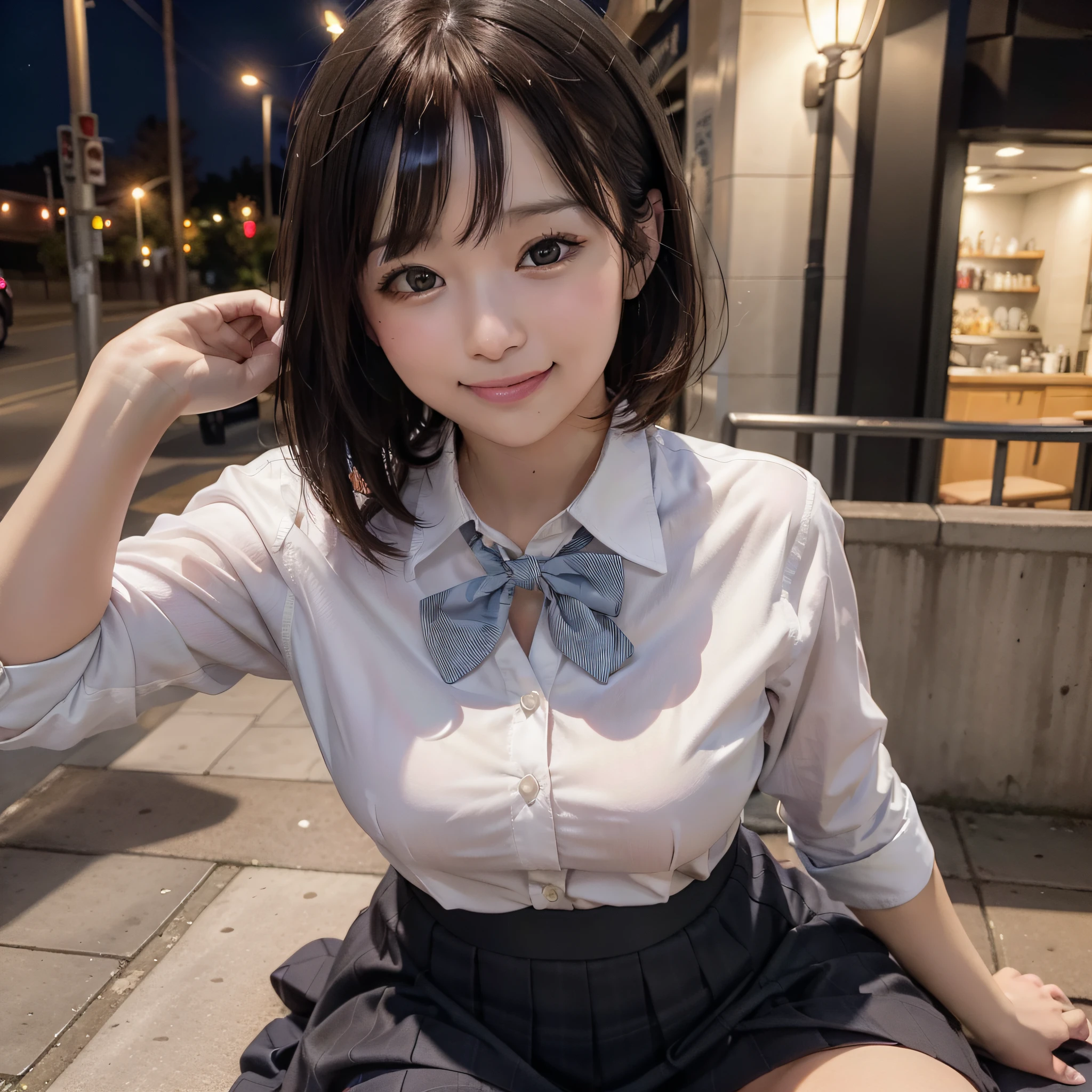 There is a woman who is on the street with a bag, (8k, RAW photo, best quality, masterpiece: 1.2), (realistic, photo-realistic: 1.37), ultra-detailed, 1 girl, beautiful, solo, beautiful detailed sky, night, sitting, dating, (flushed nose), (happy smile), medium breasts, beautiful detailed eyes, (collared shirt: 1.1), bow tie, pleated skirt,