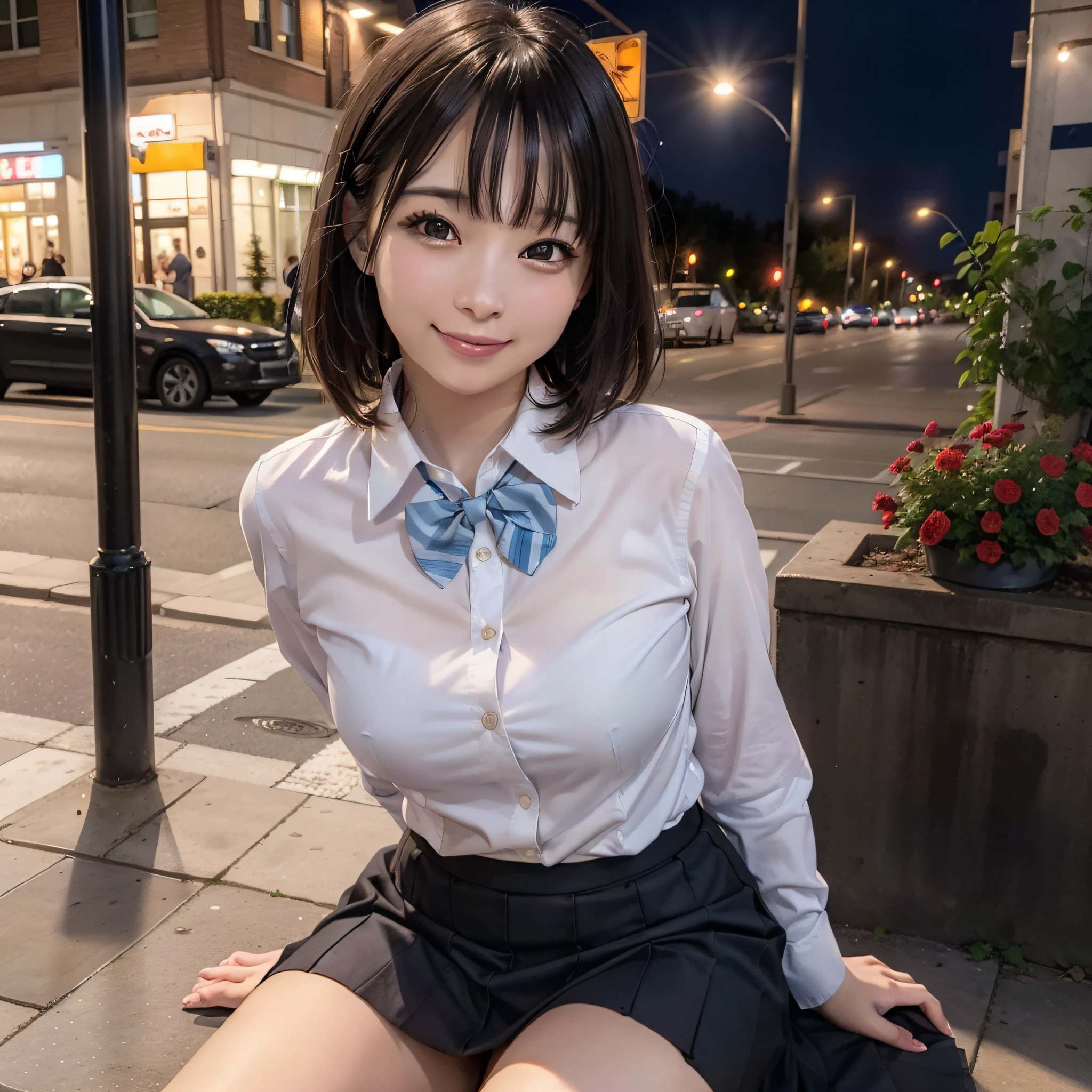 There is a woman who is on the street with a bag, (8k, RAW photo, best quality, masterpiece: 1.2), (realistic, photo-realistic: 1.37), ultra-detailed, 1 girl, beautiful, solo, beautiful detailed sky, night, sitting, dating, (flushed nose), (happy smile), medium breasts, beautiful detailed eyes, (collared shirt: 1.1), bow tie, pleated skirt,