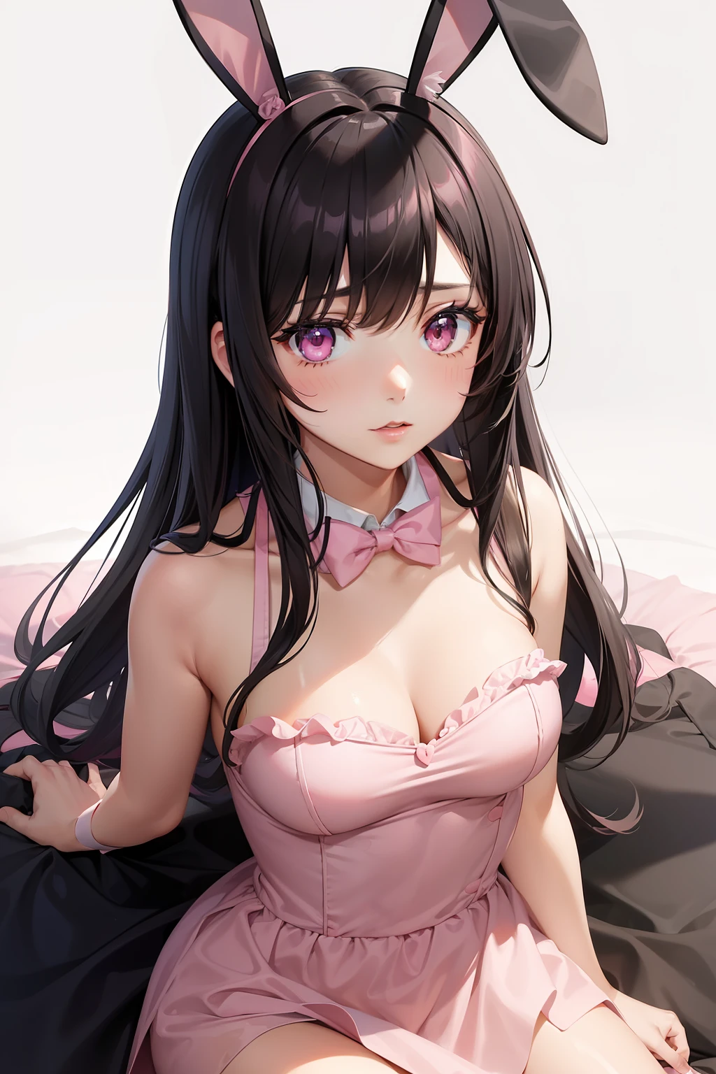 a women, pink bunny ears, black hair, pink eyes, pink dress
