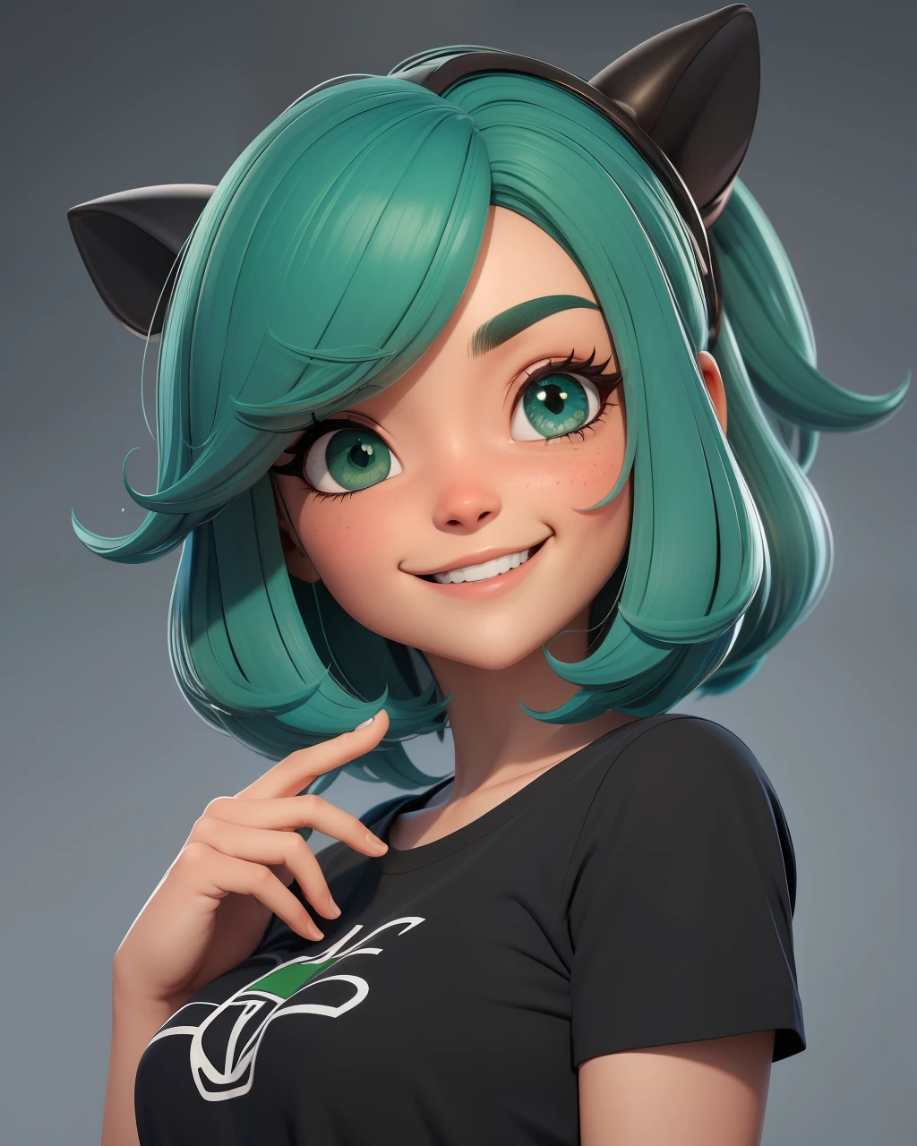 (obra-prima: 1.5), (melhor qualidade: 1.5), 3dmm, highres, altamente detalhado, 3DG, 3d, 1girl, grandes olhos castanhos, preto longo: verde: 0.5 cabelo, camiseta branca, saia vermelha, sorrindo, olhando para o espectador, bonito, fundo limpo, (rosto perfeito: 1.1), olhos perfeitos,