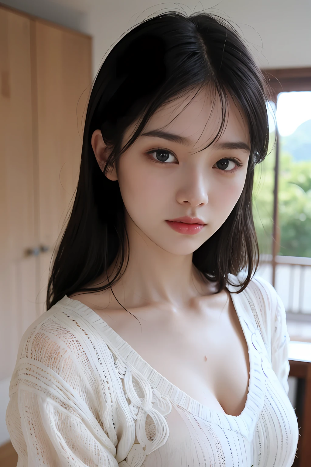 "Masterpieces of photography, Top quality and ultra-detailed appearance. Japan  woman looking young, Present sensual nuances, Please wear transparent clothing and wet knitwear, The background may be blurry, however、The main image must be clear and clear. (1 girl), Blue eyes, Long Black Hair, Modern and gentle hairstyle. Close-ups of your skin should emphasize the richness of details. Context optimization、It is necessary to strengthen its characteristics."